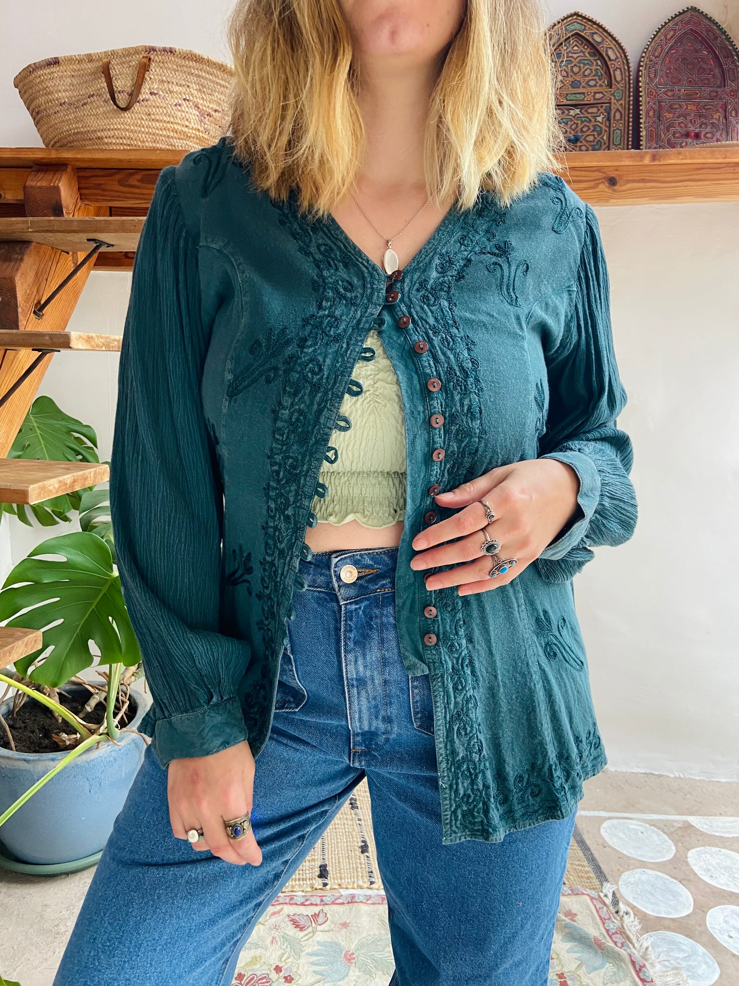 VINTAGE 90’s Emerald Embroidered Long Sleeve Bohemian Tunic Top - S/M