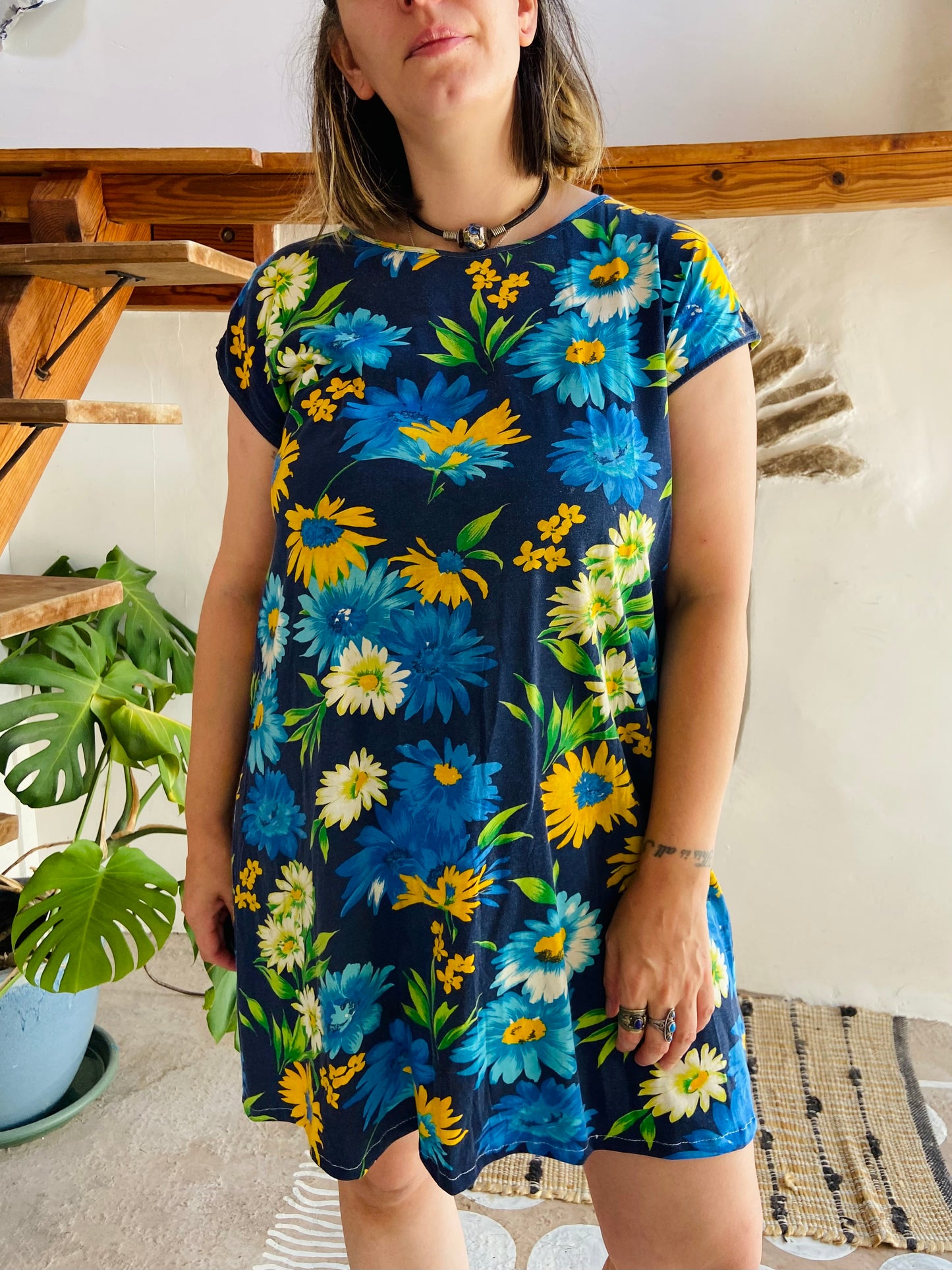 VINTAGE 90's Blue & Green Floral Loose Mini Dress - L