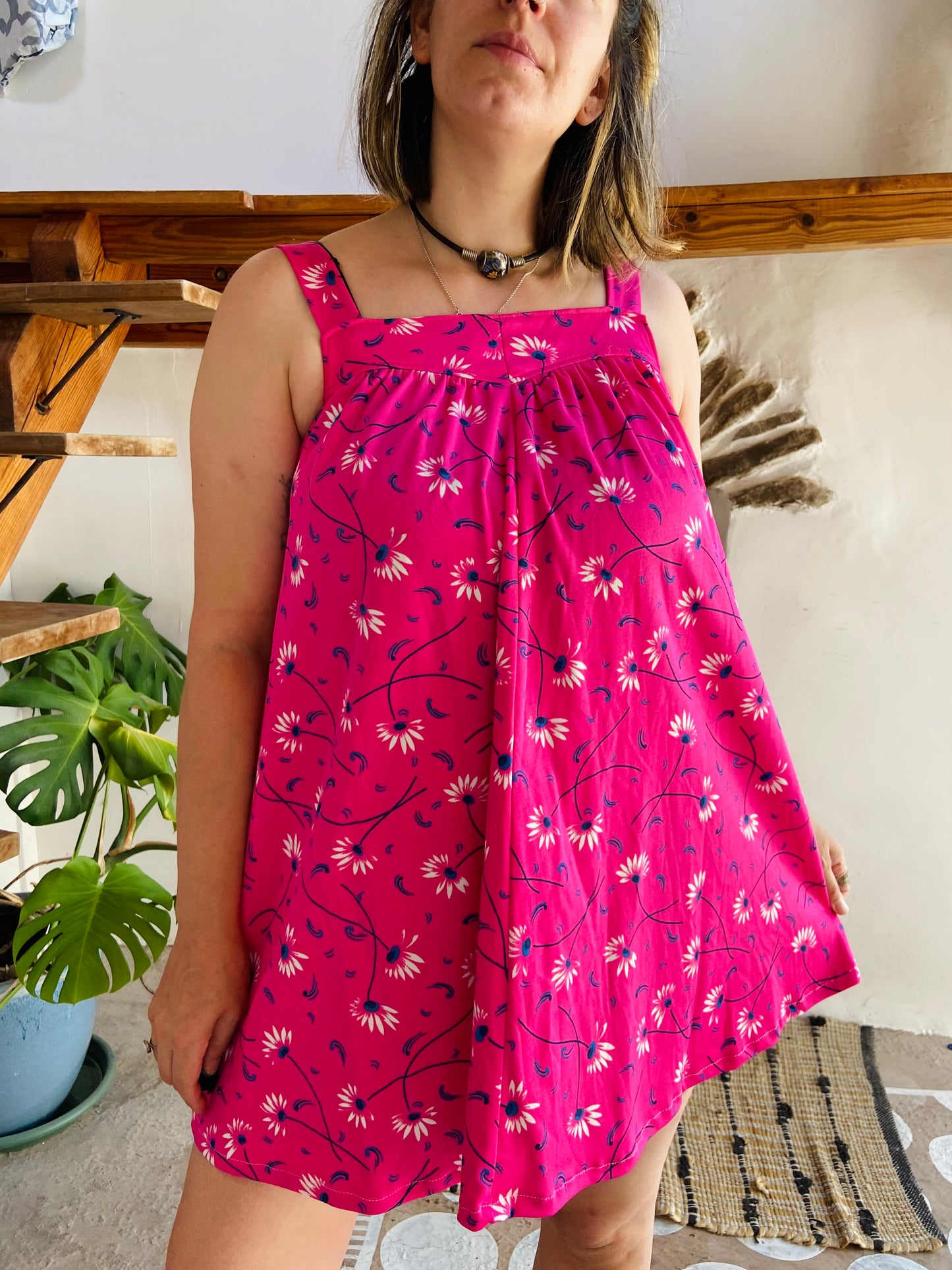 VINTAGE 90's Bright Pink Floral Mini Dress - M/L