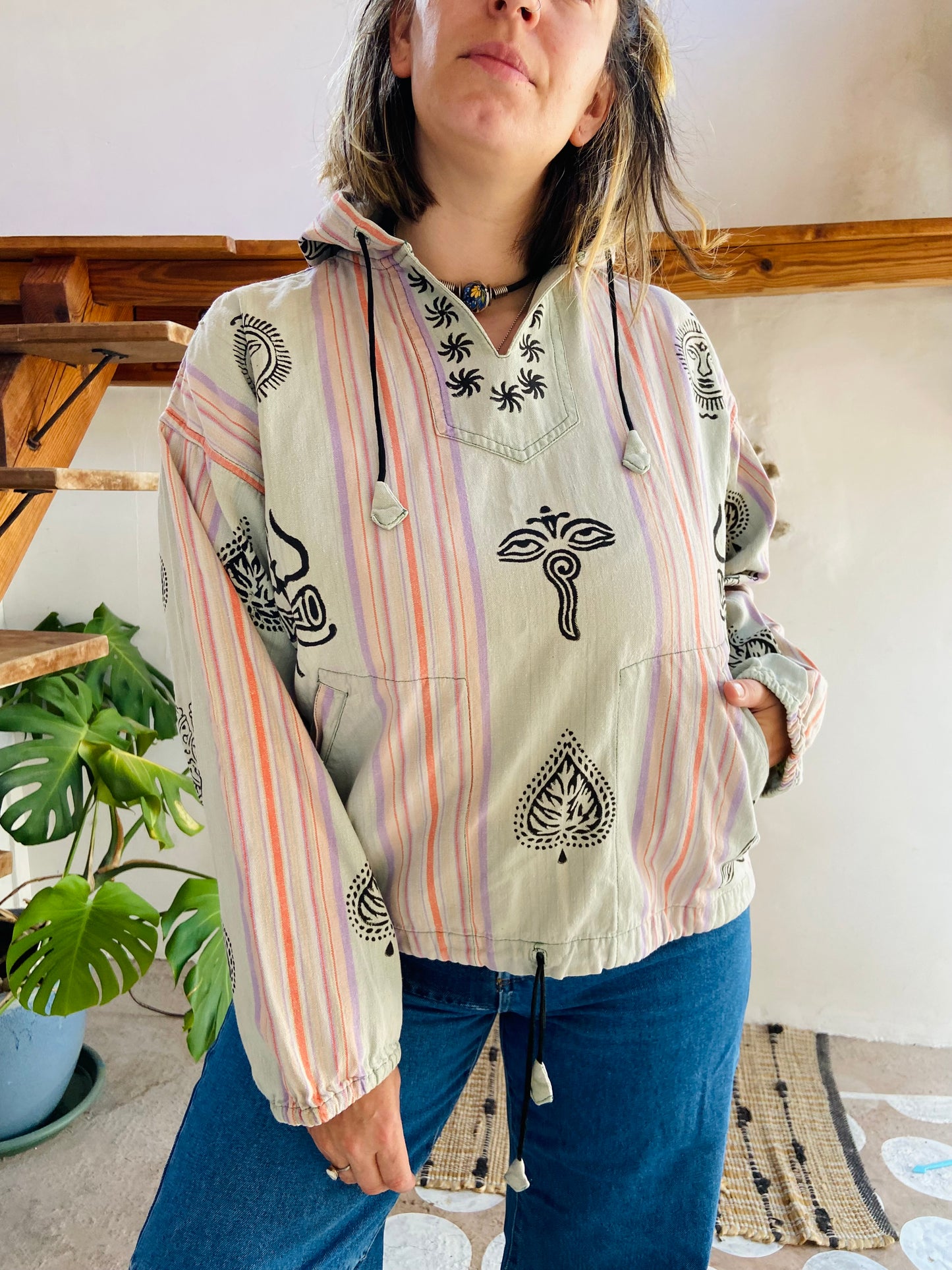 VINTAGE 90's Hippie Batik Long Sleeve Hooded Top - M/L