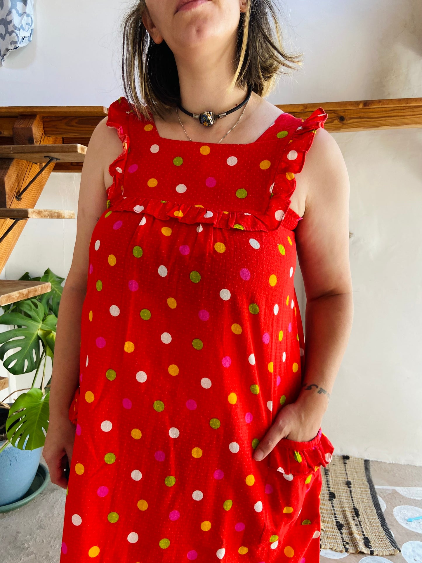 VINTAGE 80's Red Polkadot Midi Dress - M