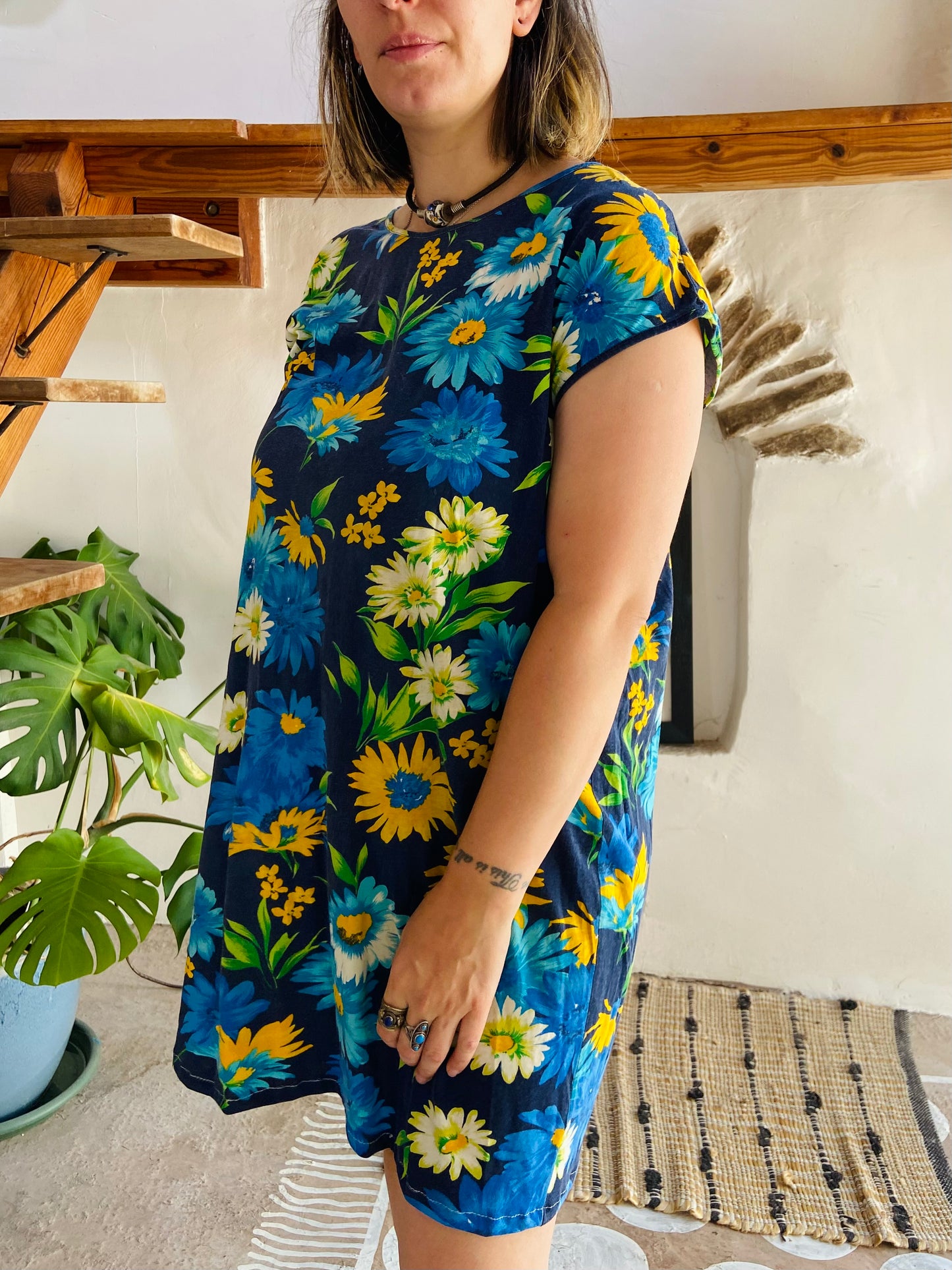 VINTAGE 90's Blue & Green Floral Loose Mini Dress - L