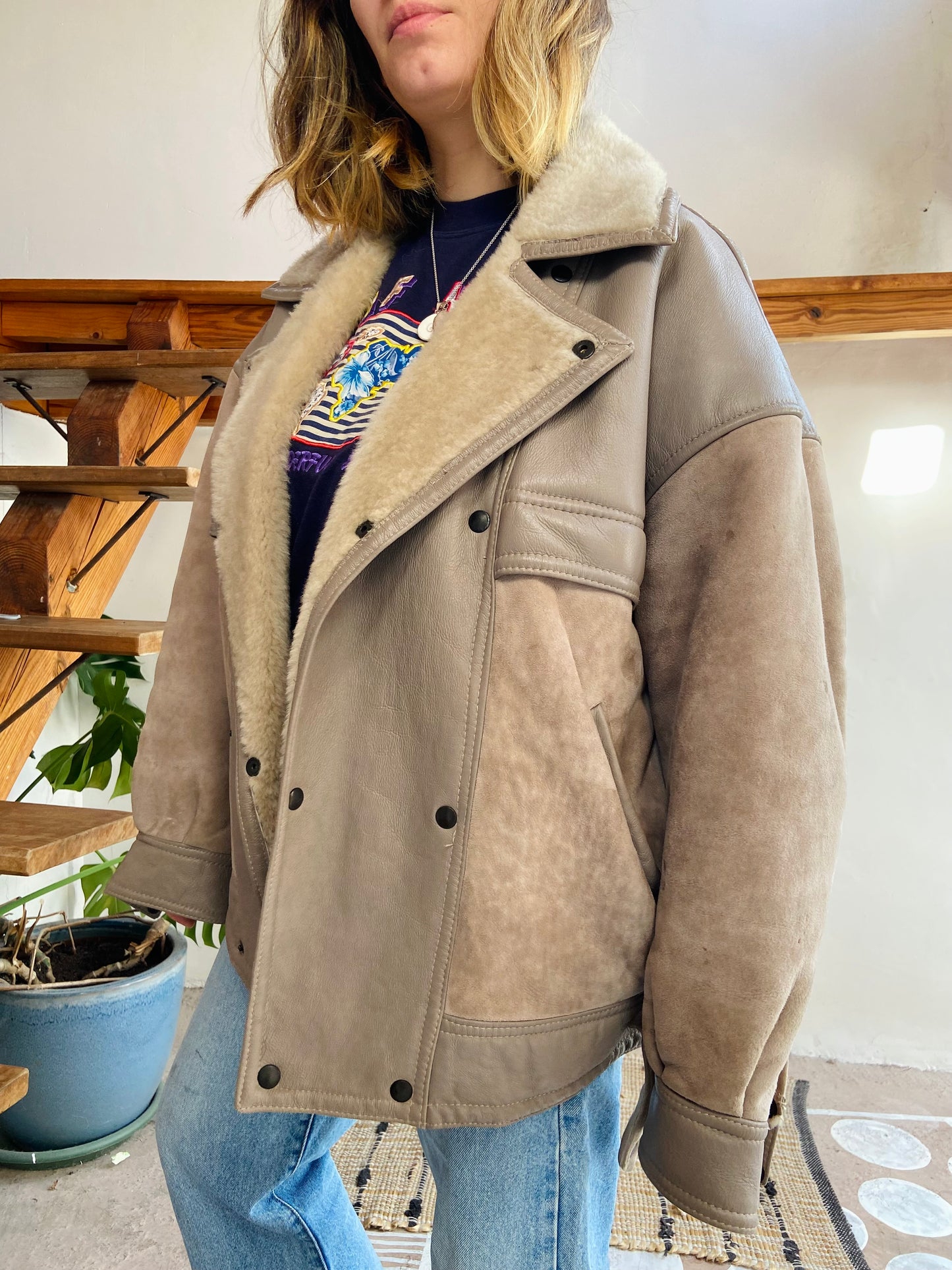 VINTAGE 80’s Sheepskin Grey Oversized Suede Coat Jacket - L/XL
