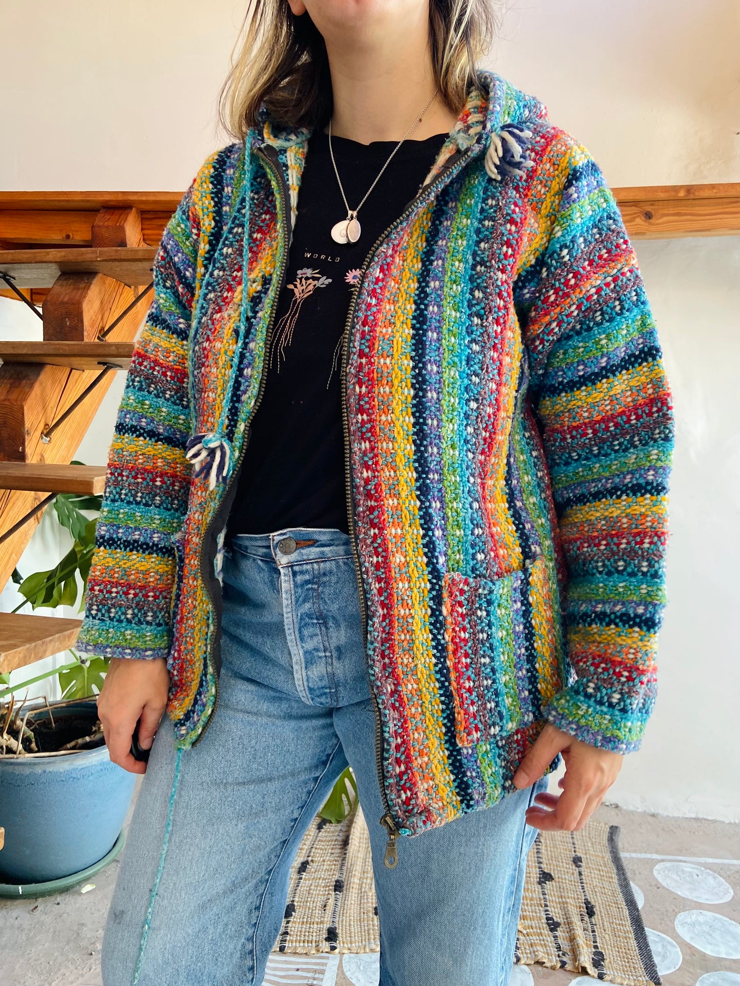 VINTAGE 90's Rainbow Hippie Knit Zip Up Jacket - M