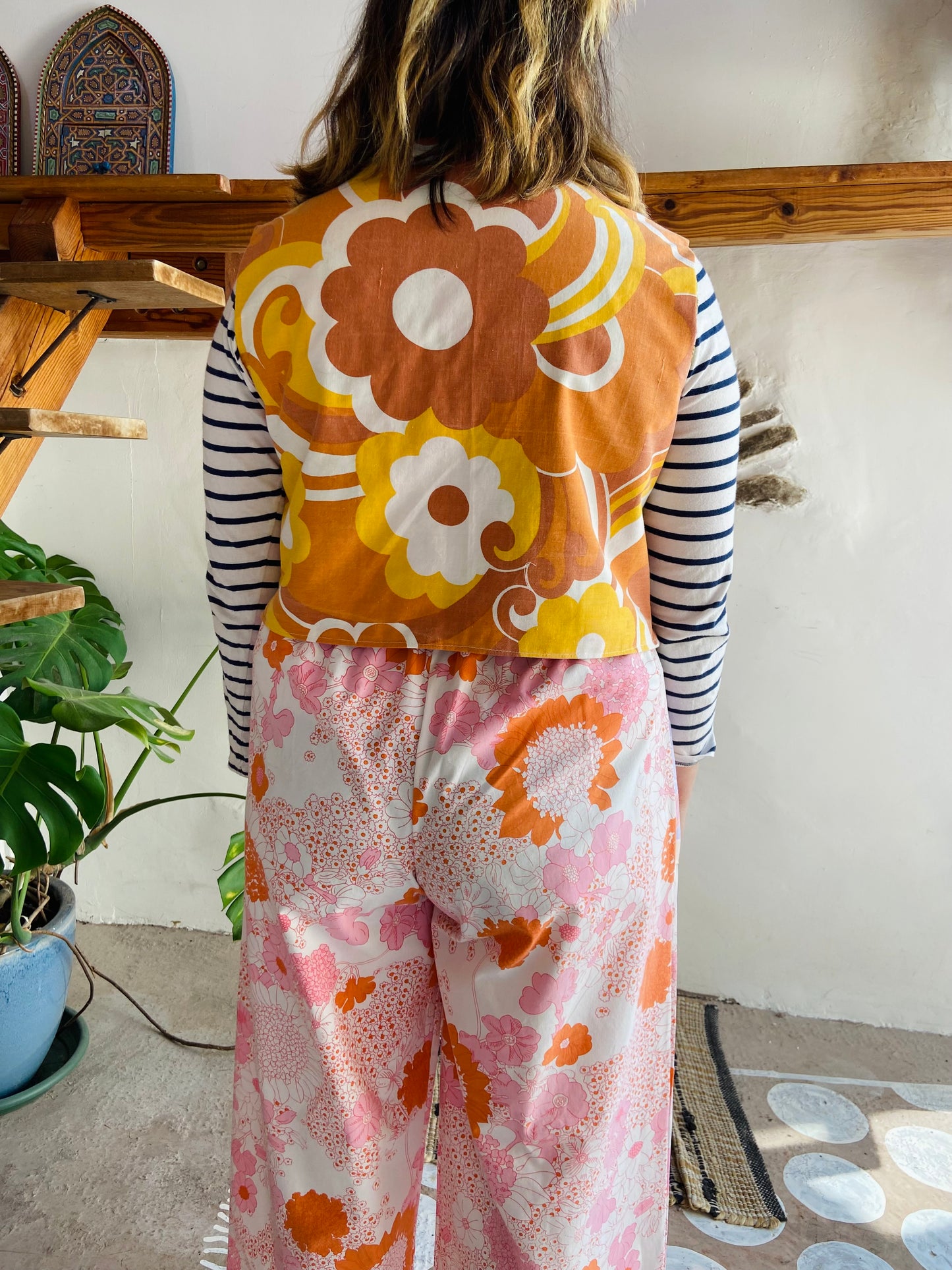 DESERT FOX 70's Orange & Pink Floral Reversible Waistcoat - S/M