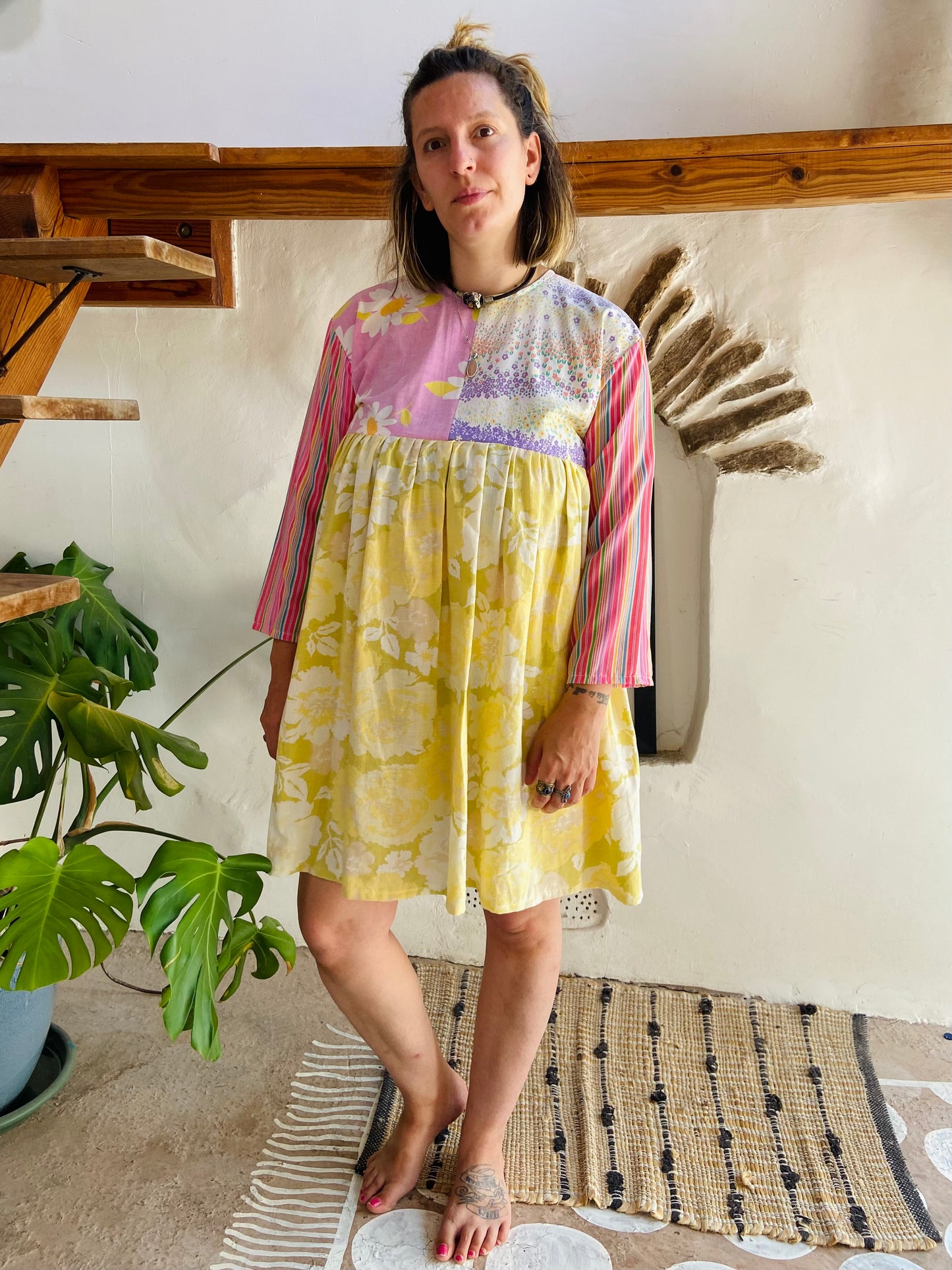 DESERT FOX Patchwork Pastel Floral Ruffle Dress - S/M
