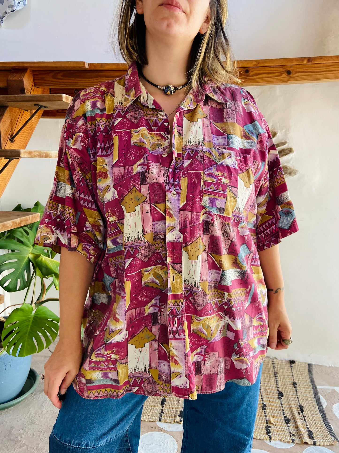 VINTAGE 90's Bohemian Pattern Purple Short Sleeve Shirt - L