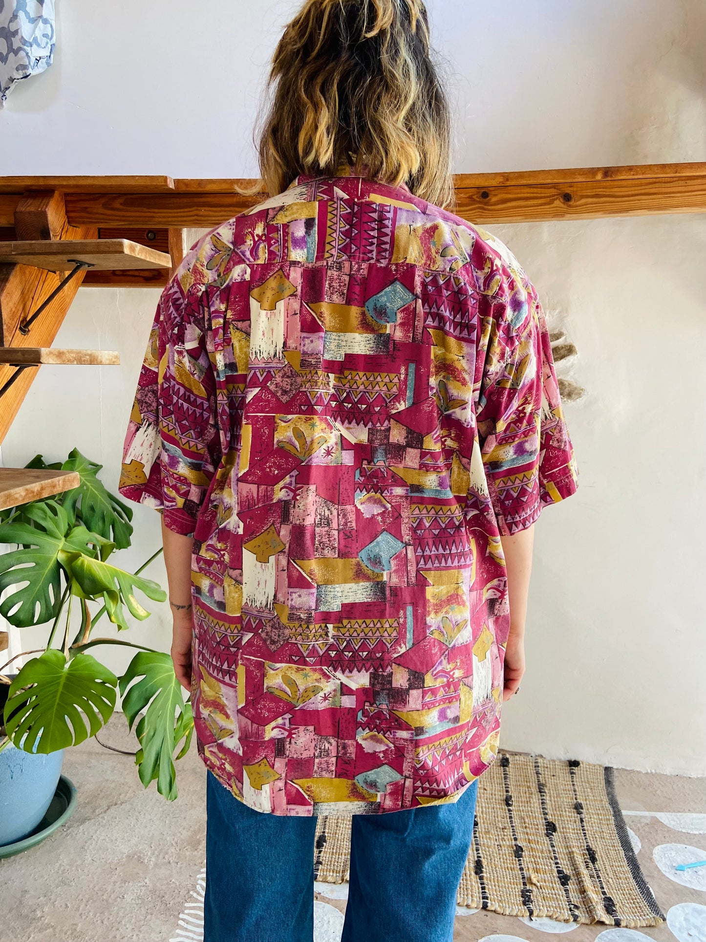 VINTAGE 90's Bohemian Pattern Purple Short Sleeve Shirt - L