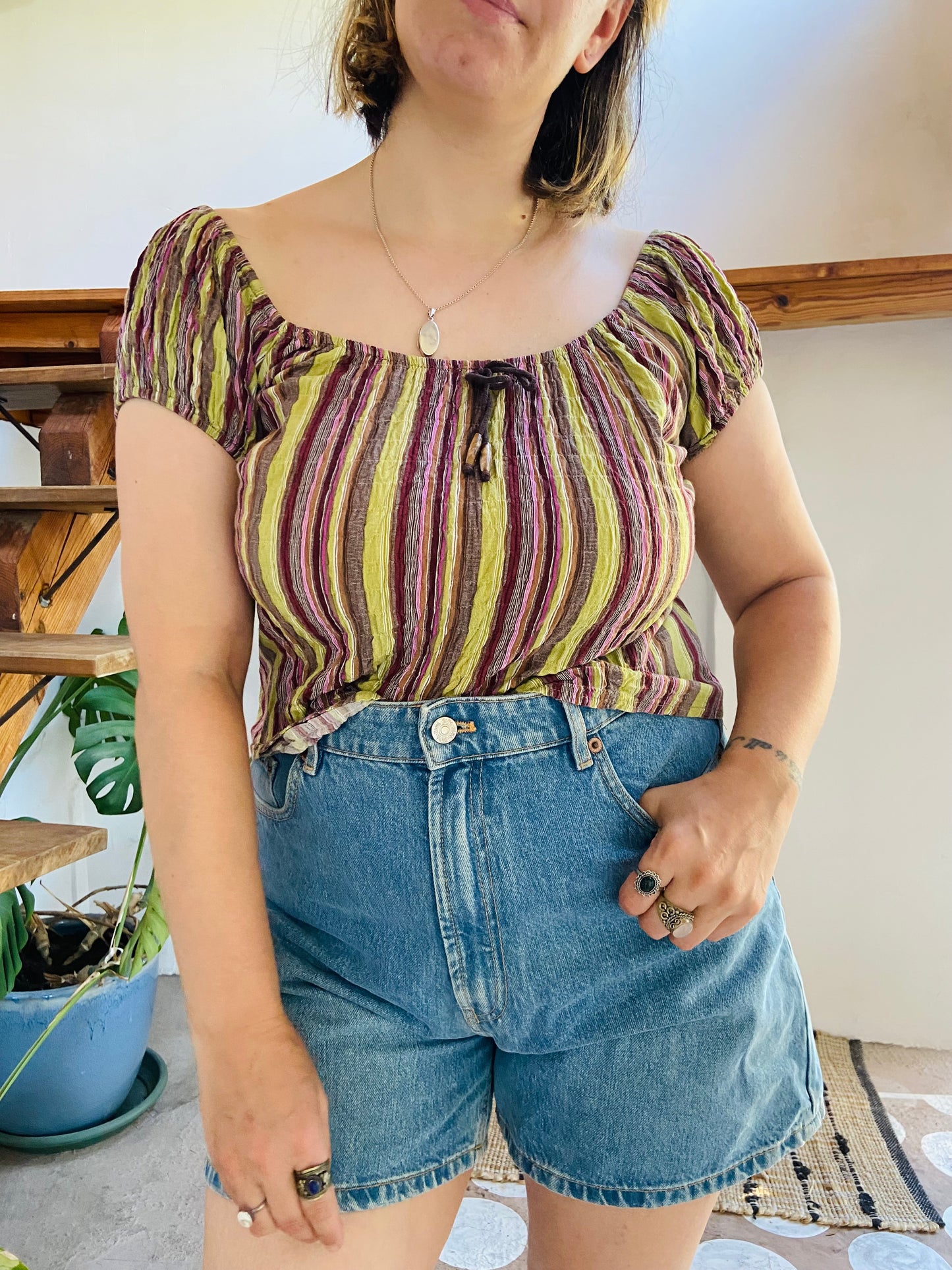 VINTAGE 90's Stripe Green & Purple Top - S/M