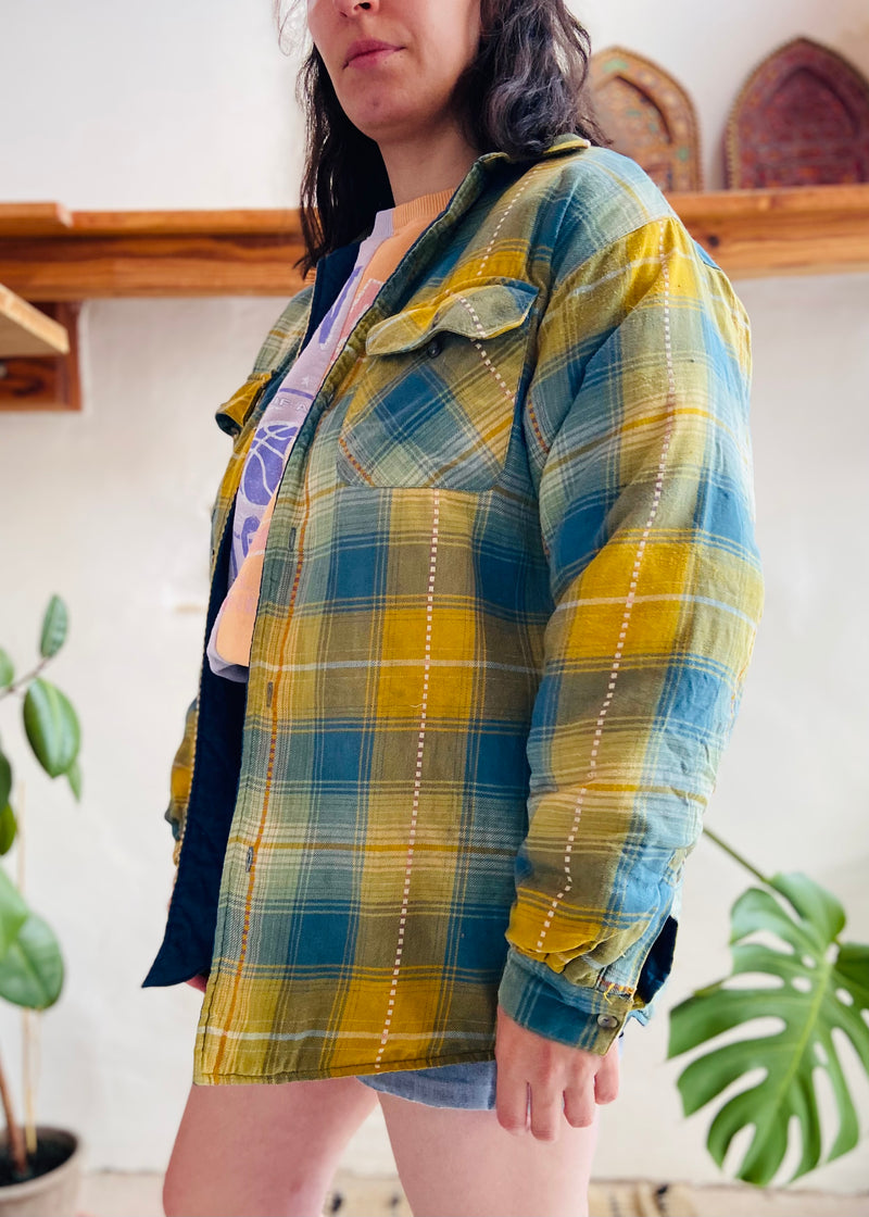 VINTAGE 90's Green & Blue Checked Padded Shirt Jacket - M