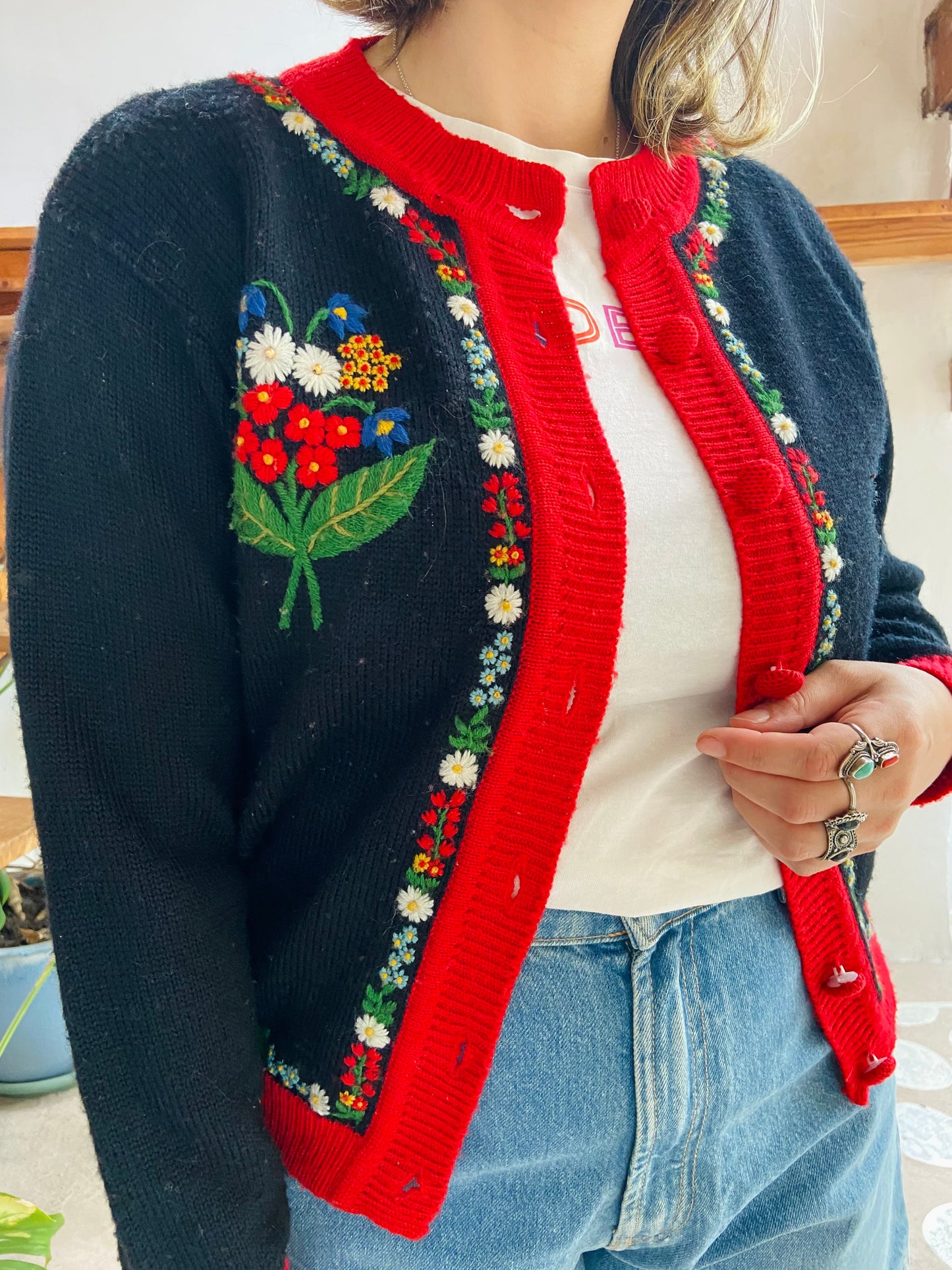 VINTAGE 70’s Floral Embroidered Knit Cardigan - S/M