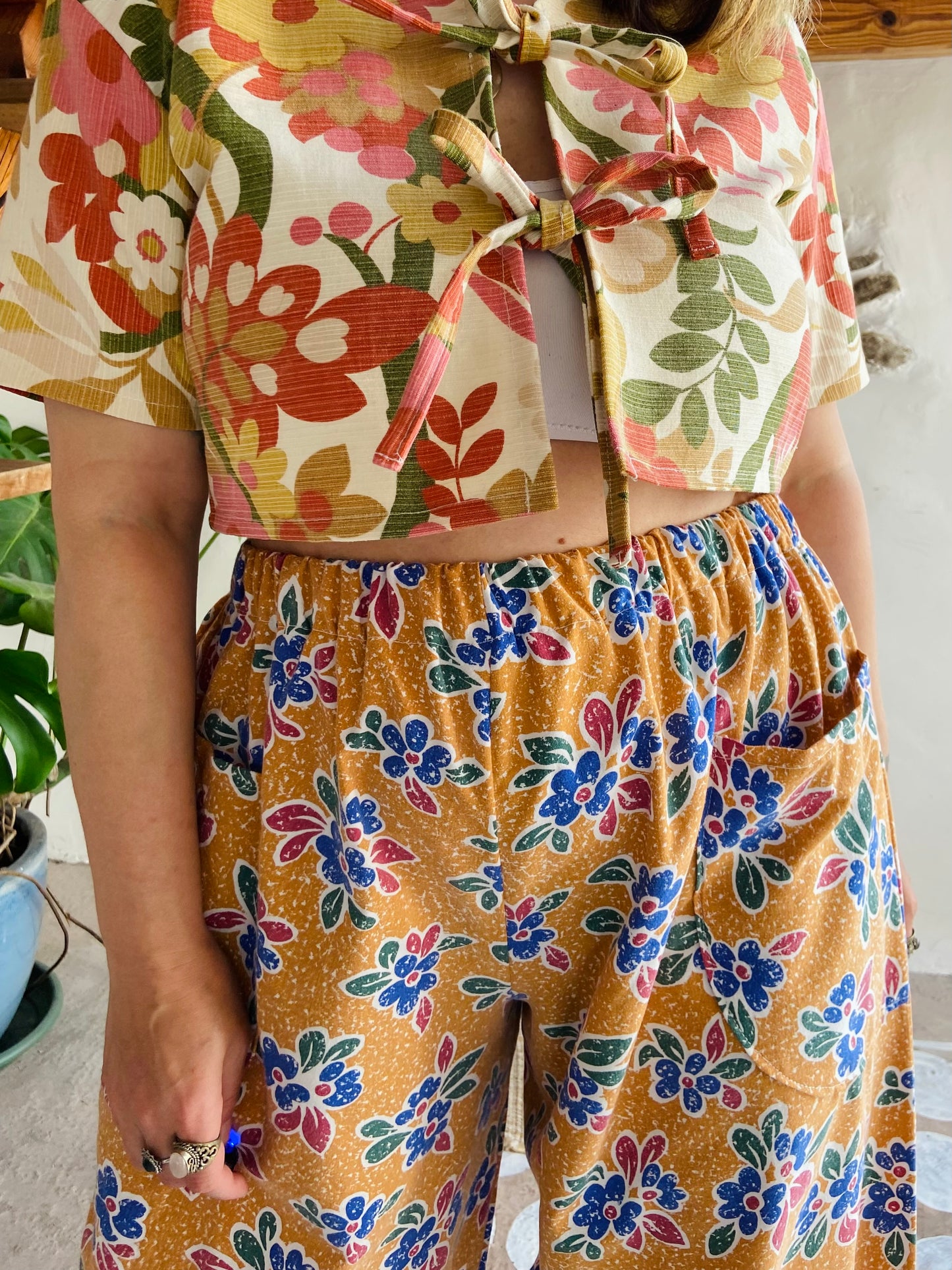 DESERT FOX Orange Floral Print Wide Leg Trousers - M/L