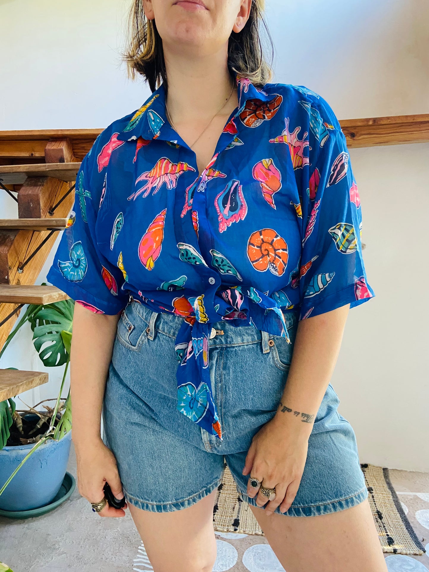 VINTAGE 90's Sea Shell Print Loose Floaty Shirt - L