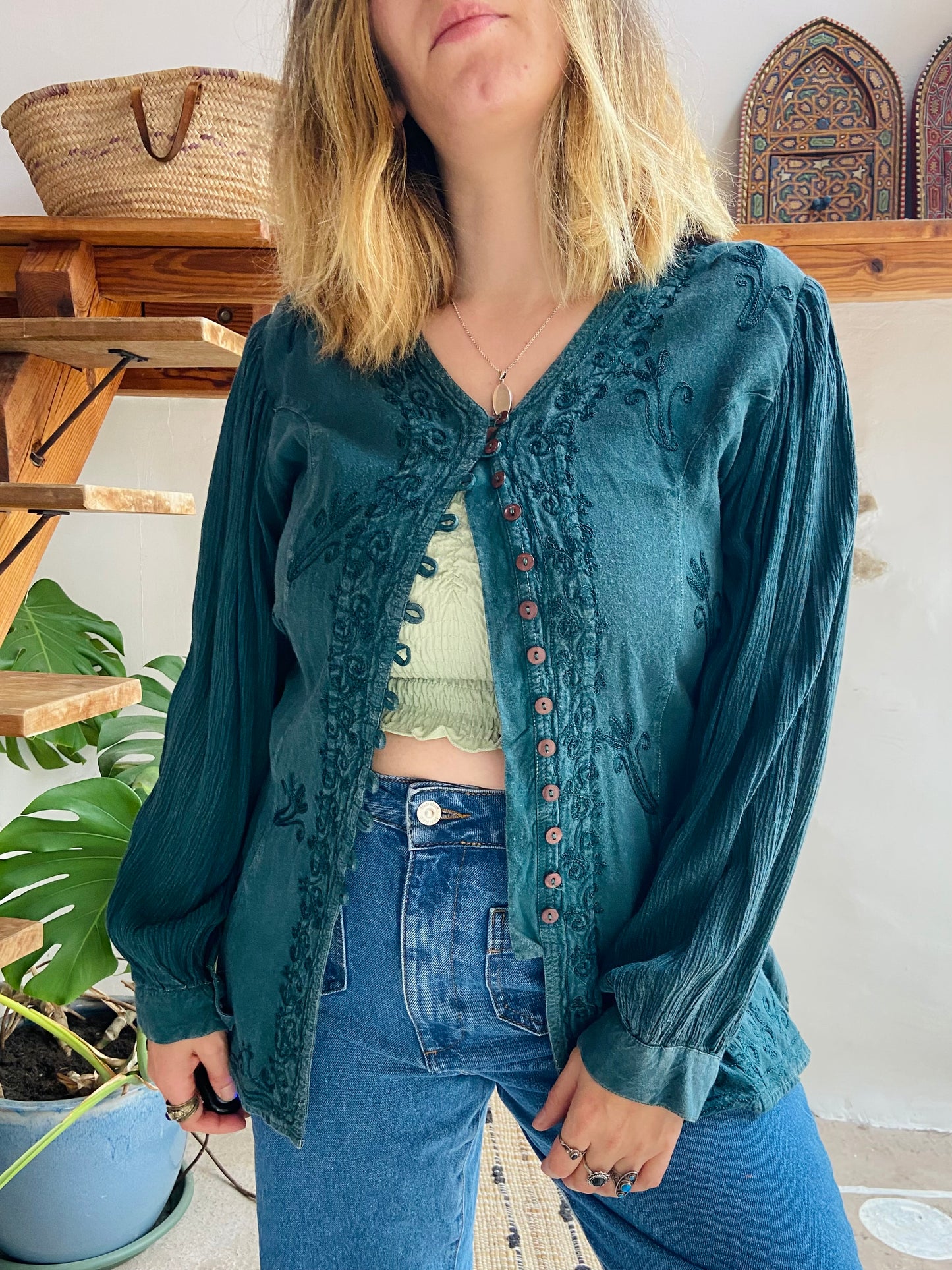 VINTAGE 90’s Emerald Embroidered Long Sleeve Bohemian Tunic Top - S/M