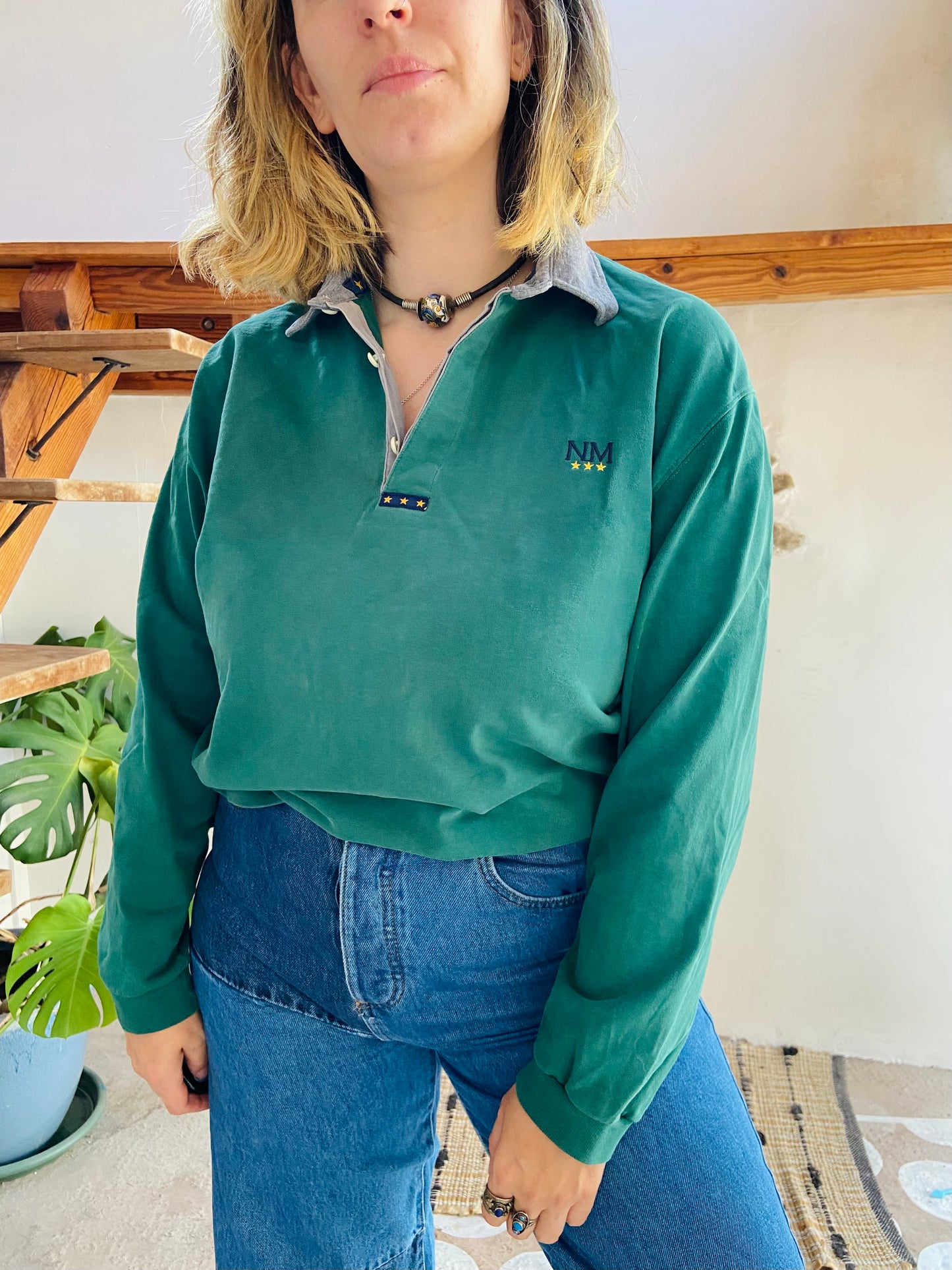 VINTAGE 90's Long Sleeve Green Polo Top - M/L