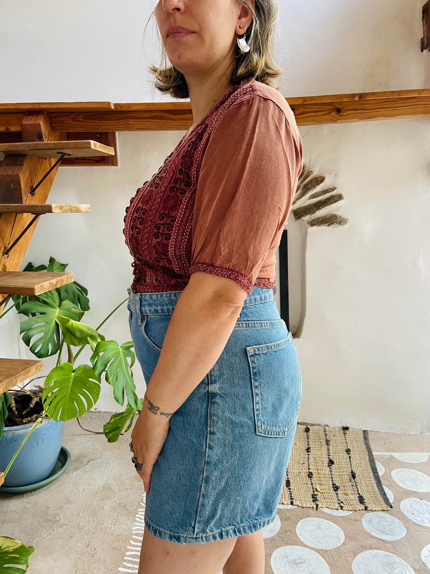 VINTAGE 90’s Bohemian Dusty Red Embroidered Crop Top - S