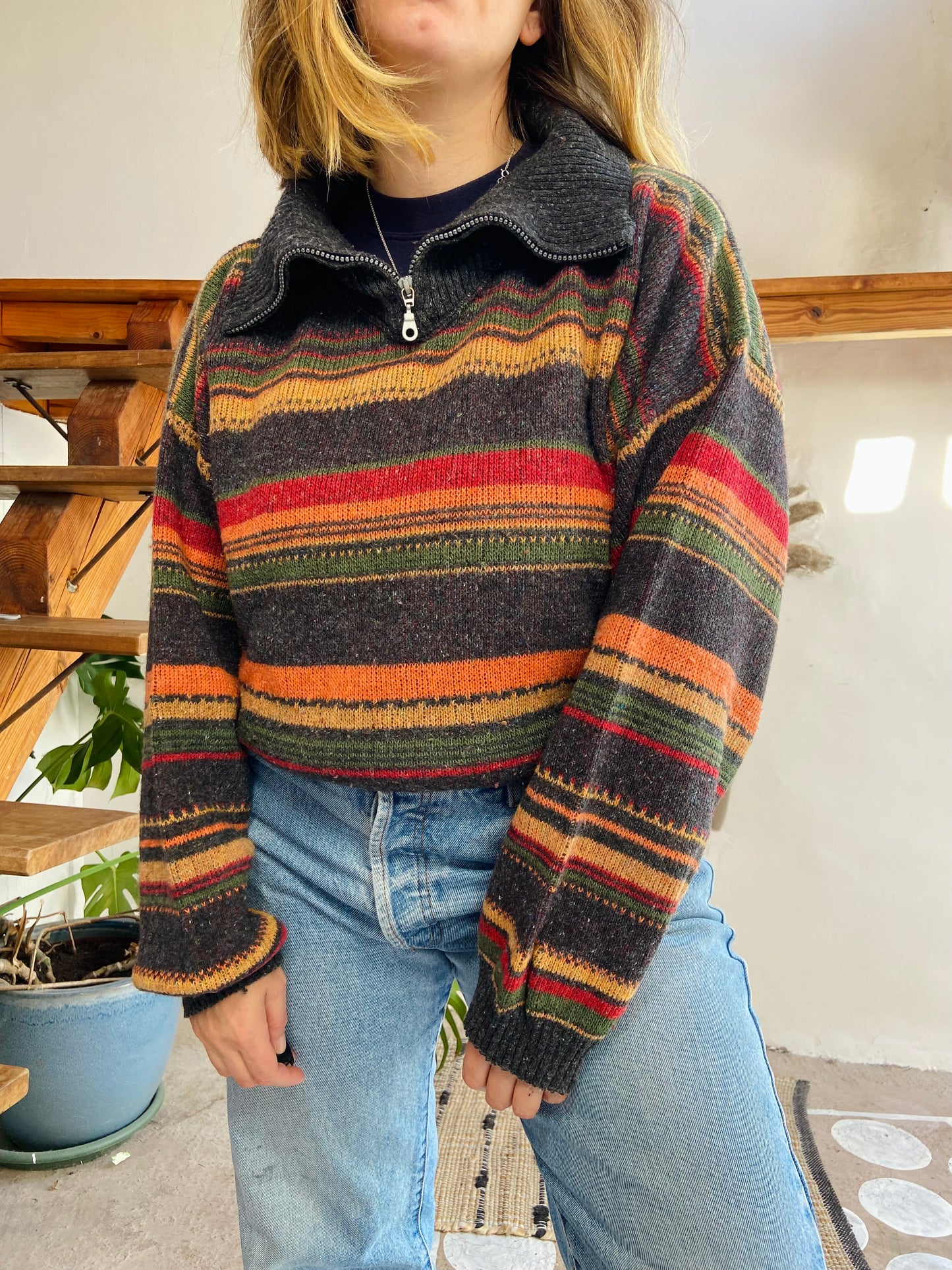 VINTAGE 90’s Multicolour Grey Stripe Oversized Jumper - L