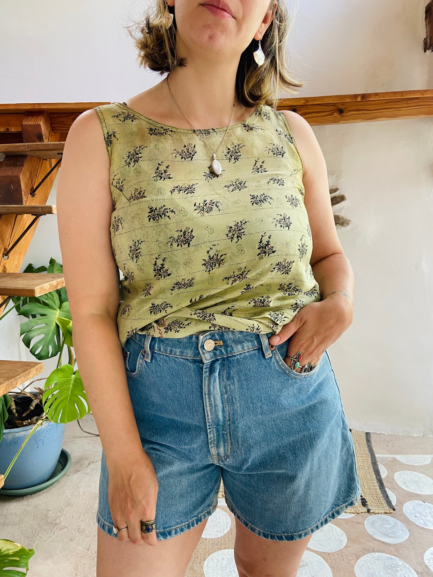 VINTAGE 90’s Hippie Silk Green Floral Tank Top - S