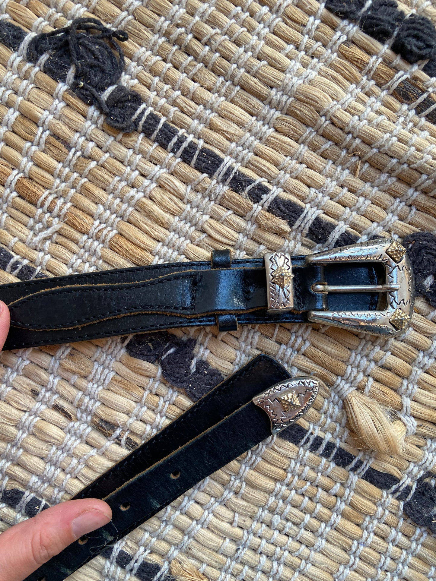 VINTAGE 90's Black Leather Western Silver Buckle Belt - ONE SIZE