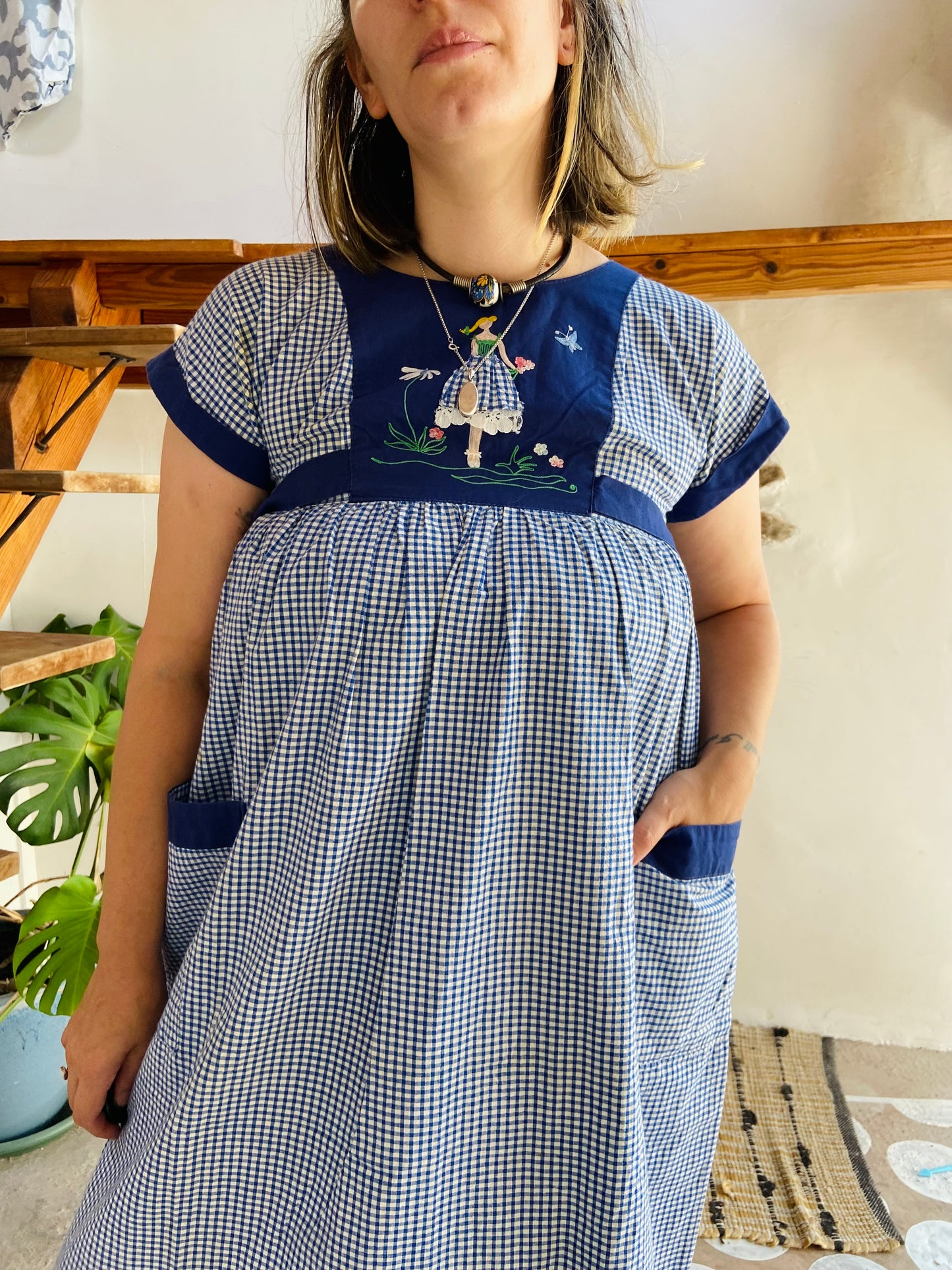 VINTAGE 70's Blue Embroidered Gingham Midi Dress - S/M