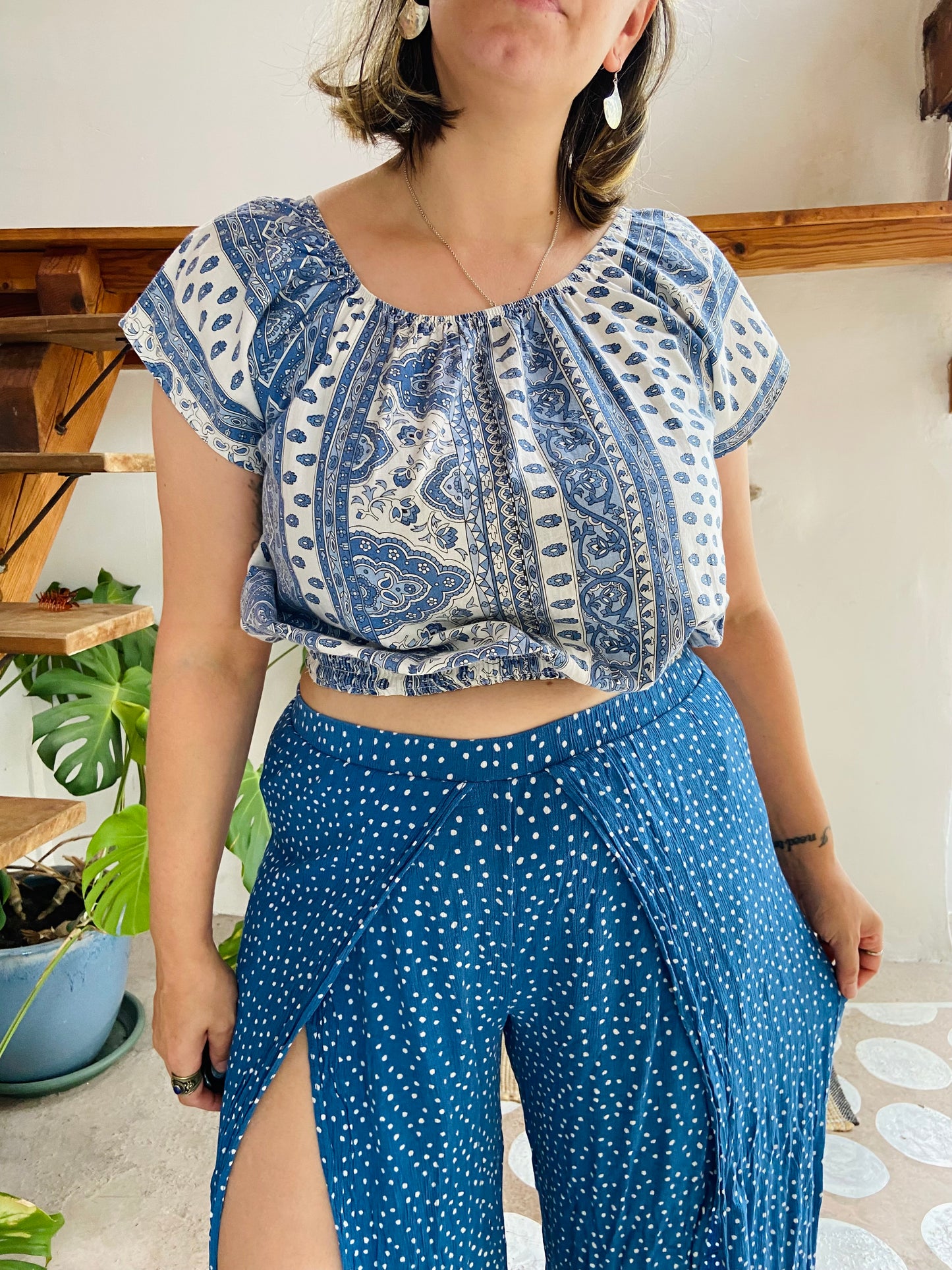 VINTAGE Blue Polkadot Slit Front Wide Leg Trousers - M