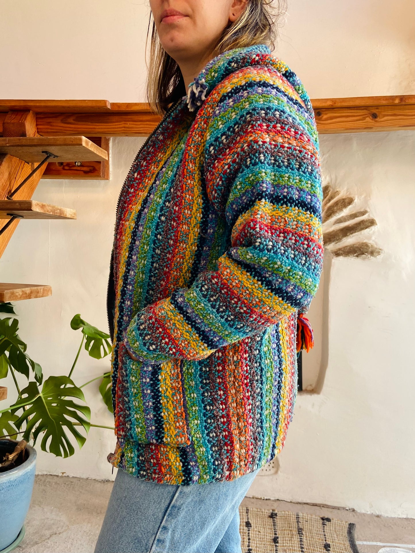 VINTAGE 90's Rainbow Hippie Knit Zip Up Jacket - M