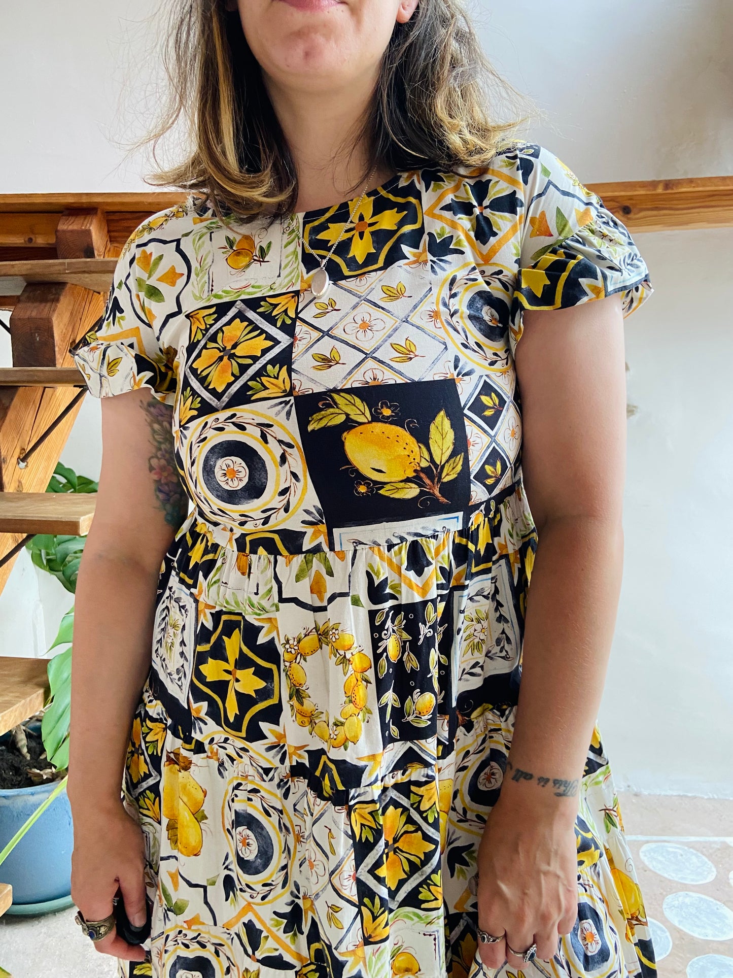 VINTAGE 70's Lemon Patchwork Print Cotton Sun Dress - S