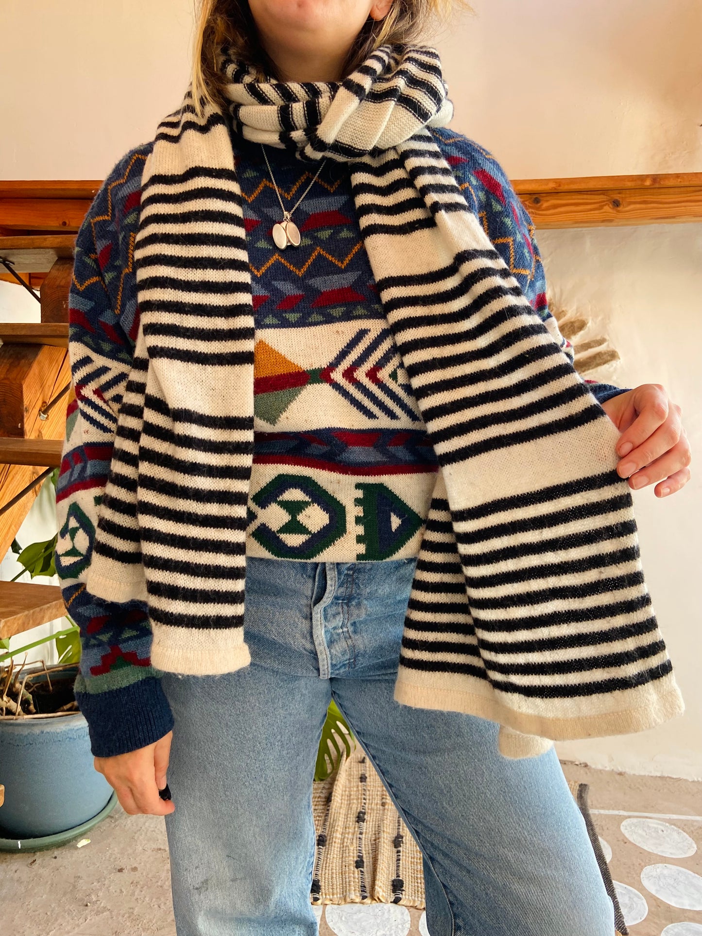 VINTAGE Black & White Stripe Long Scarf - ONE SIZE