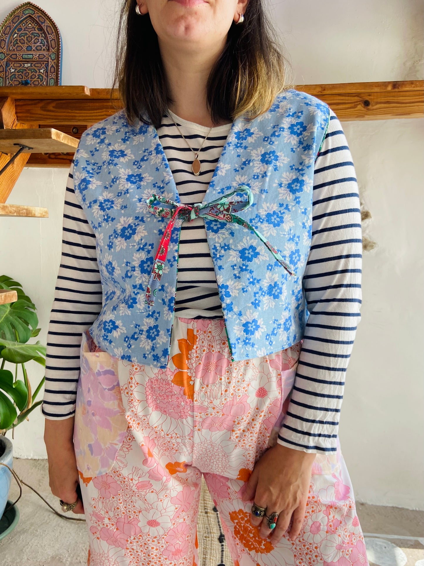 DESERT FOX Patchwork Provencal & Blue Floral Reversible Waistcoat - S/M