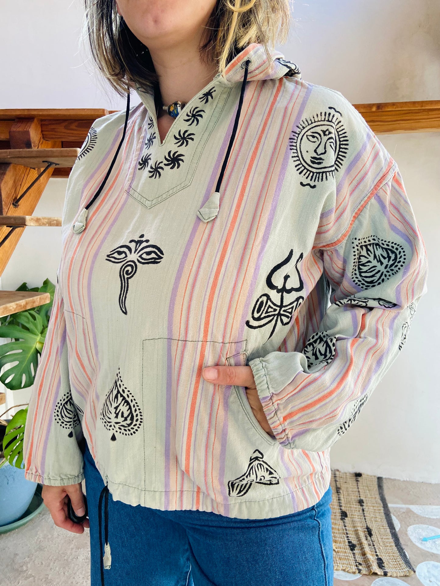 VINTAGE 90's Hippie Batik Long Sleeve Hooded Top - M/L