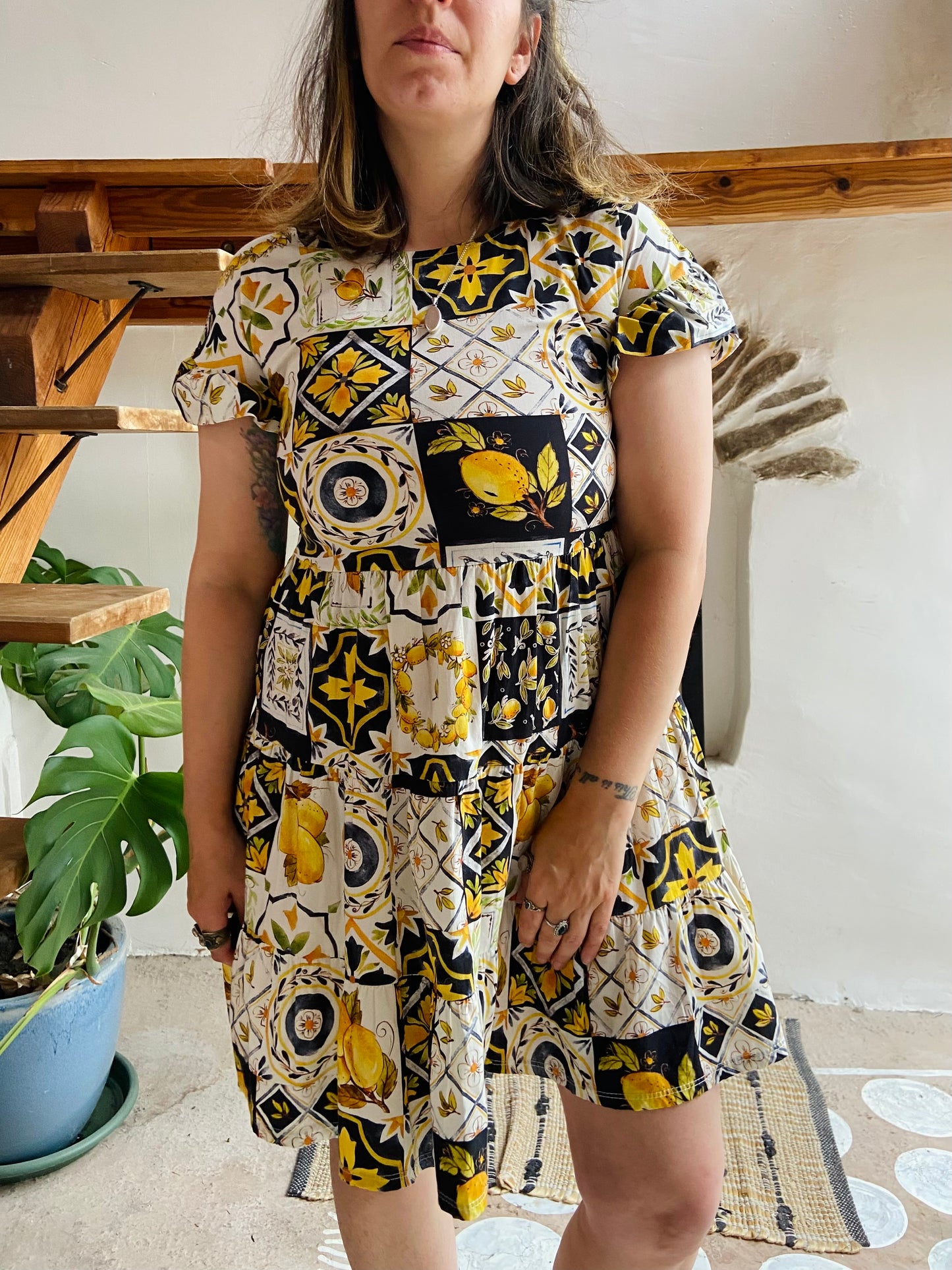 VINTAGE 70's Lemon Patchwork Print Cotton Sun Dress - S