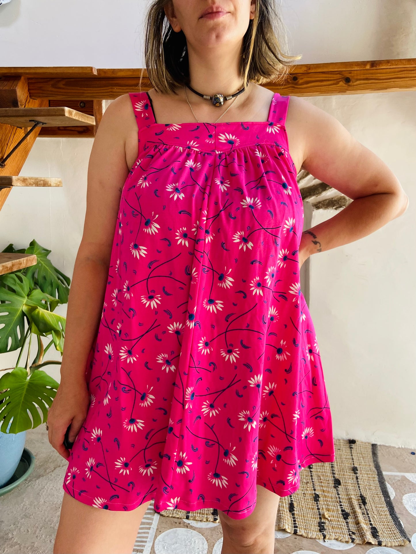 VINTAGE 90's Bright Pink Floral Mini Dress - M/L