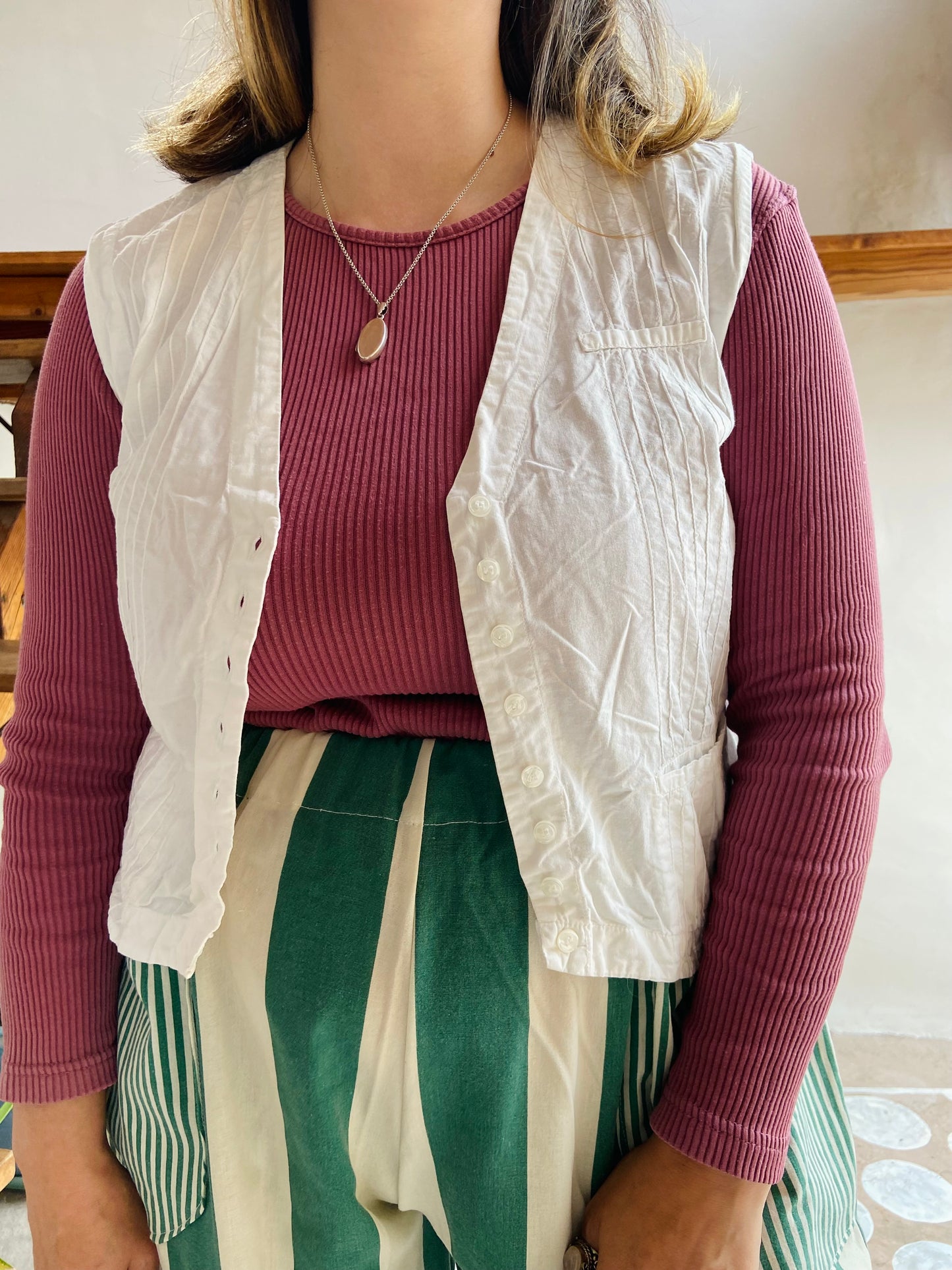 VINTAGE 90's White Cotton Pin Tuck Sleeveless Waistcoat Top - M/L