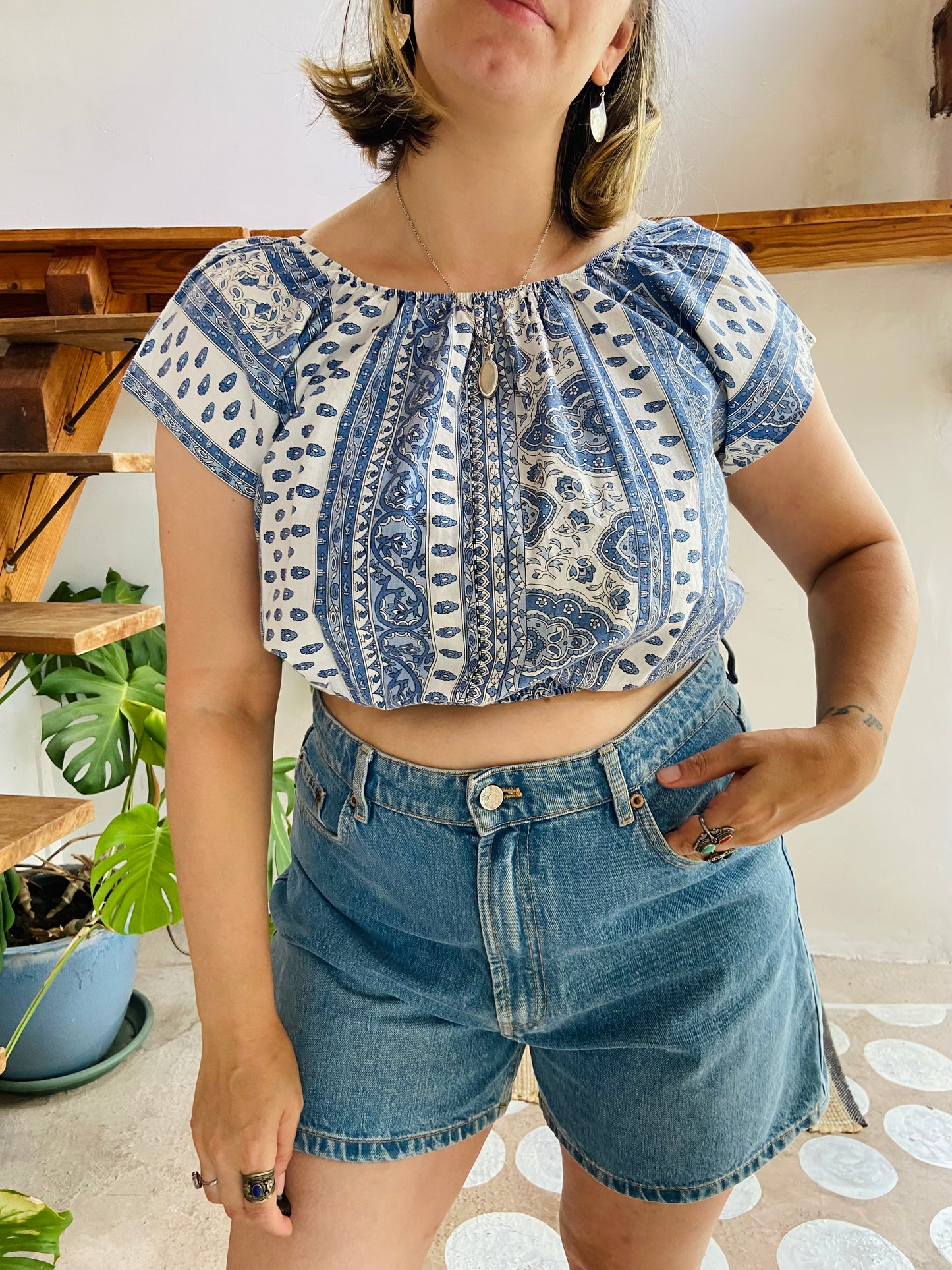 VINTAGE 90’s Provençal Blue Printed Off The Shoulder Top - M/L