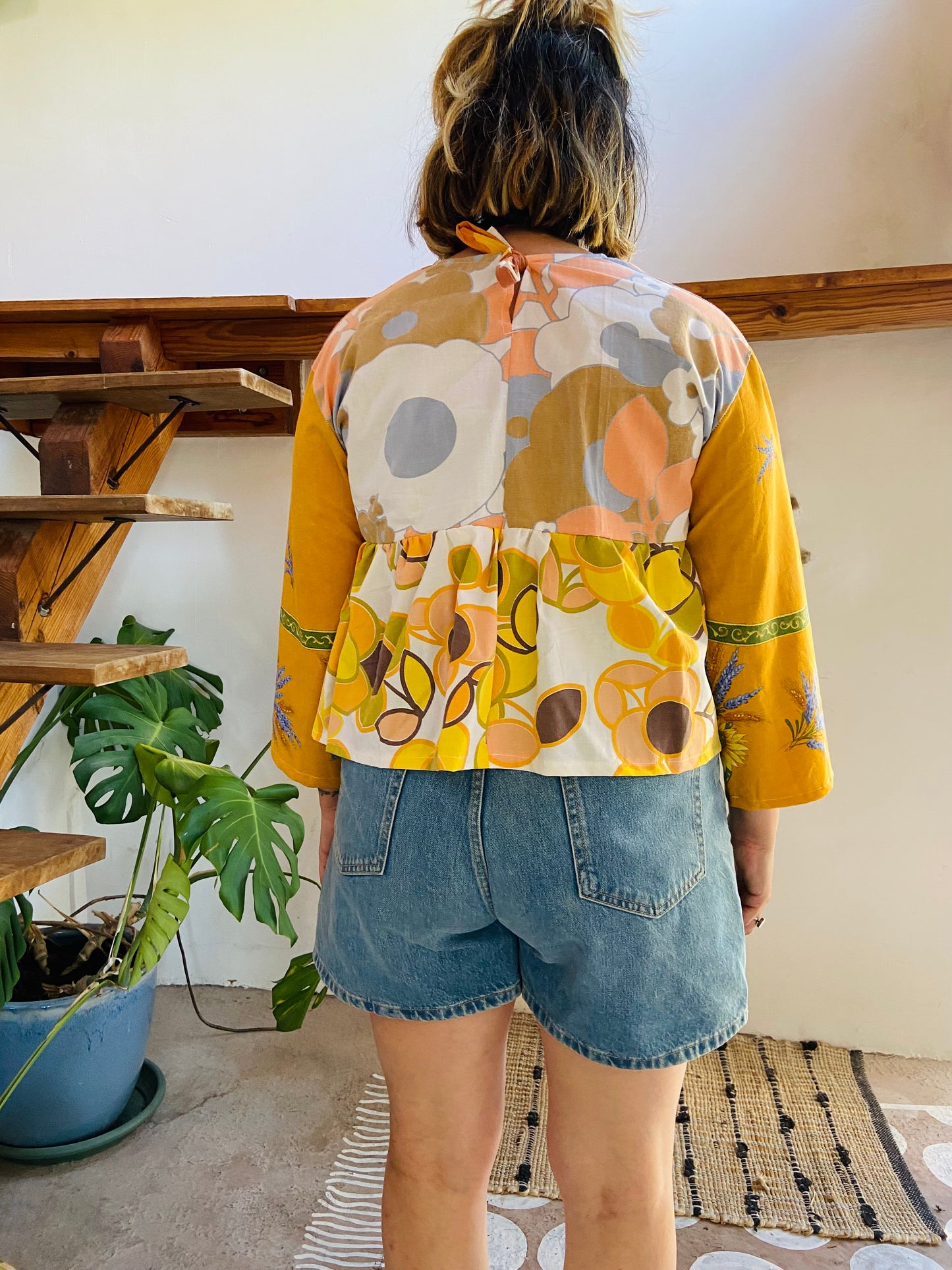 DESERT FOX Patchwork Orange Sunflower Floral Ruffle Top - M/L