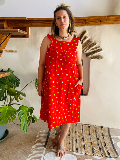 VINTAGE 80's Red Polkadot Midi Dress - M