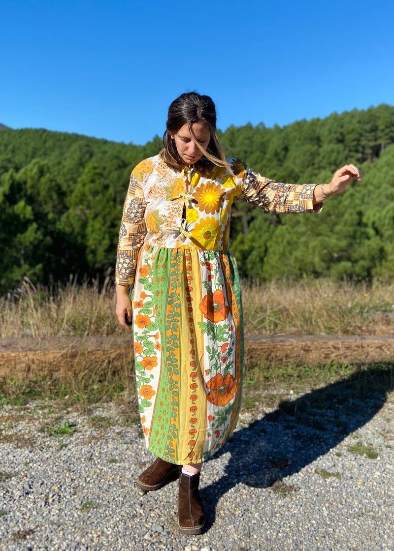 DESERT FOX Dahlia Midi Dress - 70's Orange Florals Tie Front - S/M