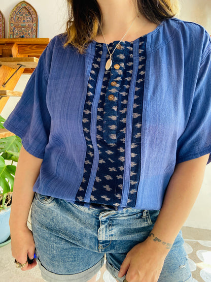 VINTAGE 90's Blue Bohemian Woven Short Sleeve Tunic Top - M/L