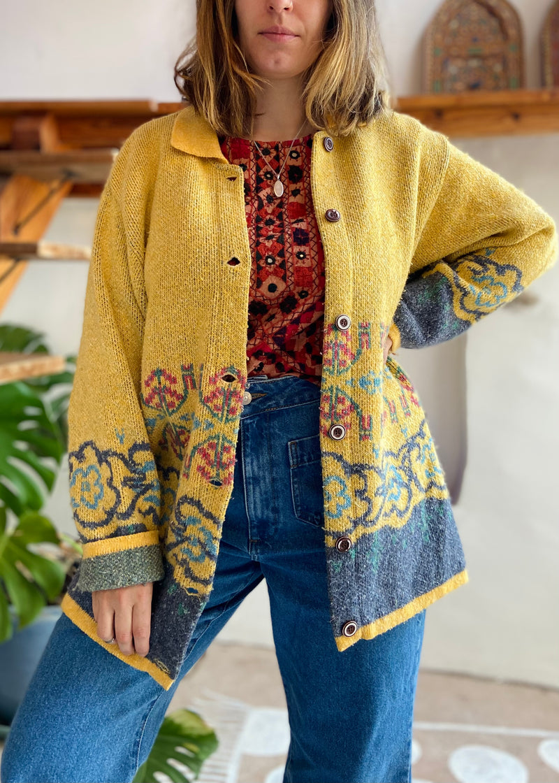 VINTAGE 90’s Yellow Woven Knit Bohemian Long Cardigan - M/L