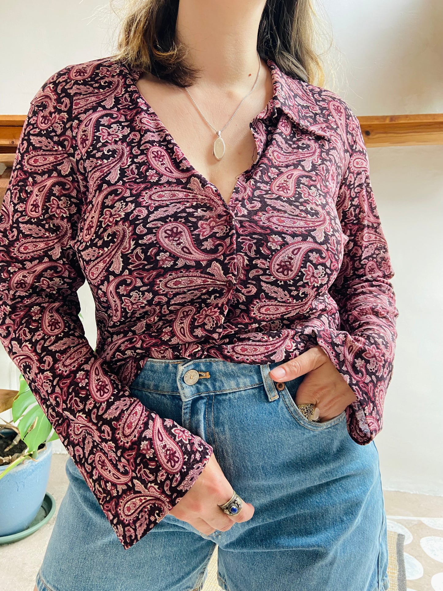 VINTAGE 90's Purple Paisley Long Sleeve Shirt - M