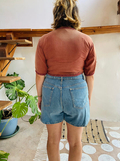 VINTAGE 90’s Bohemian Dusty Red Embroidered Crop Top - S