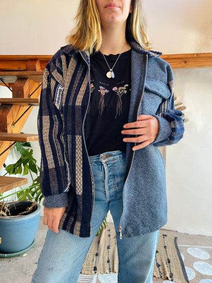 VINTAGE 90's Blue Hippie Woven Bohemian Zip Up Jacket - M