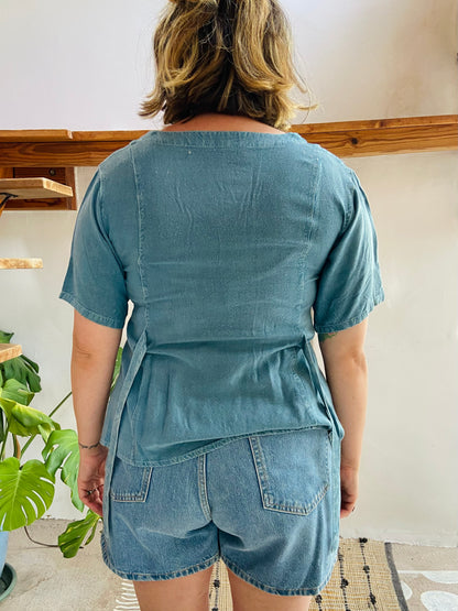 VINTAGE 90’s Blue Embroidered Hippie Short Sleeve Top - S