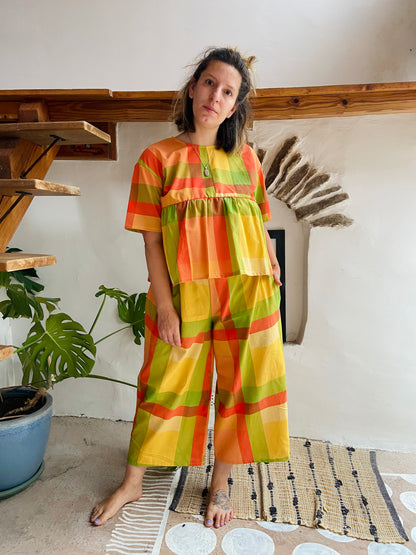 DESERT FOX Orange Checked Stripe Wide Leg Trousers - S/M