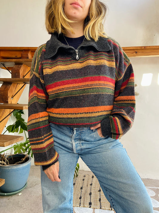 VINTAGE 90’s Multicolour Grey Stripe Oversized Jumper - L