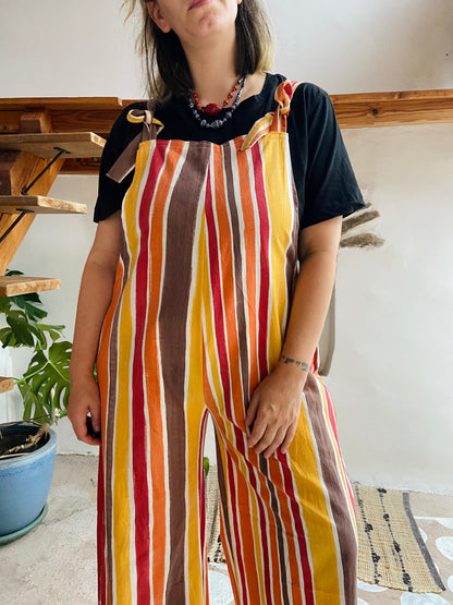 DESERT FOX Orange & Brown Stripe Wide Leg Dungarees - M/L