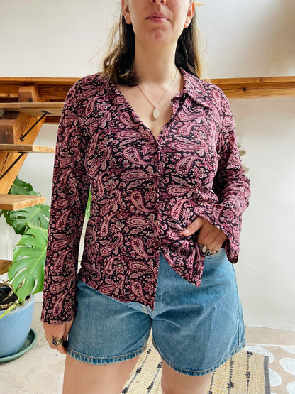 VINTAGE 90's Purple Paisley Long Sleeve Shirt - M