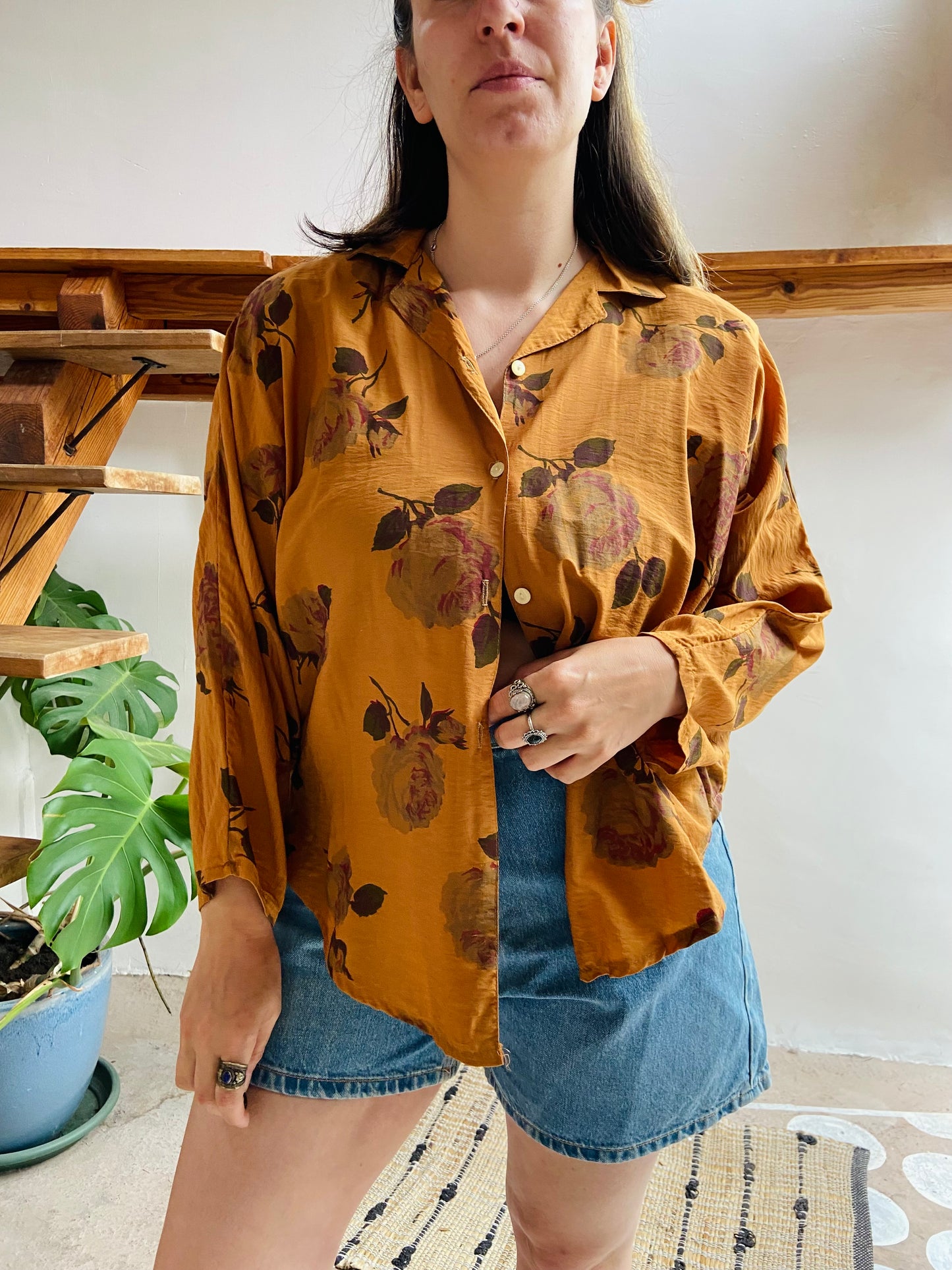 VINTAGE 80's Mustard Floral Long Sleeve Shirt - M/L