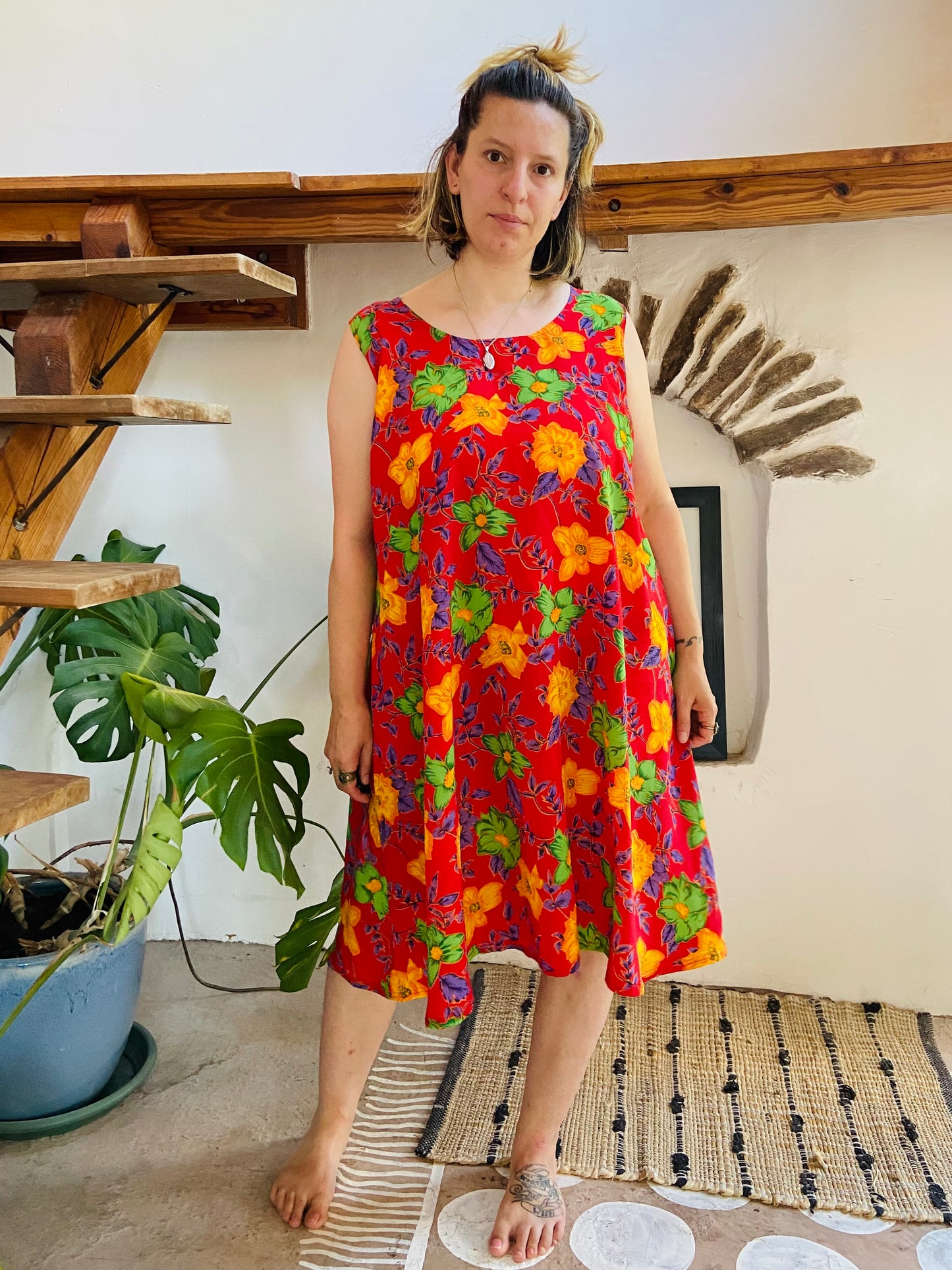 VINTAGE 90's Red Floral Loose Dress - M/L