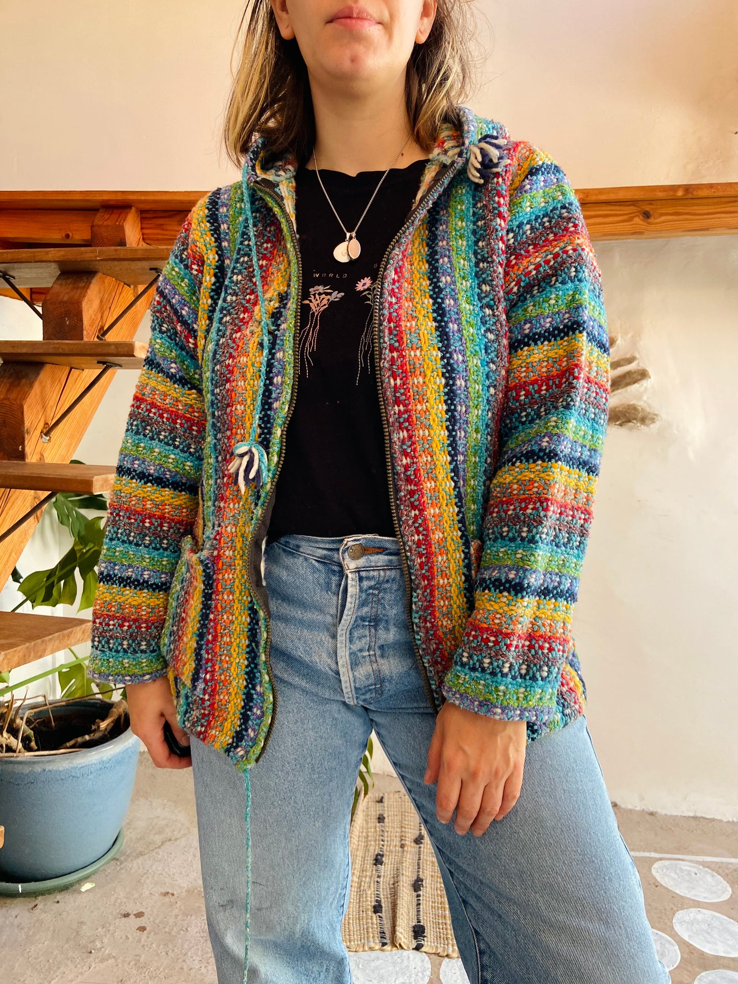 VINTAGE 90's Rainbow Hippie Knit Zip Up Jacket - M